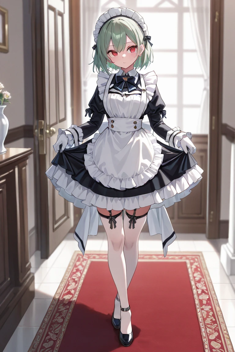 Girl with medium green hair, green eyes, maid costume, neckline, big breasts. Standing and smiling, entrance to the rich mansion, outside, stockings on the legs.