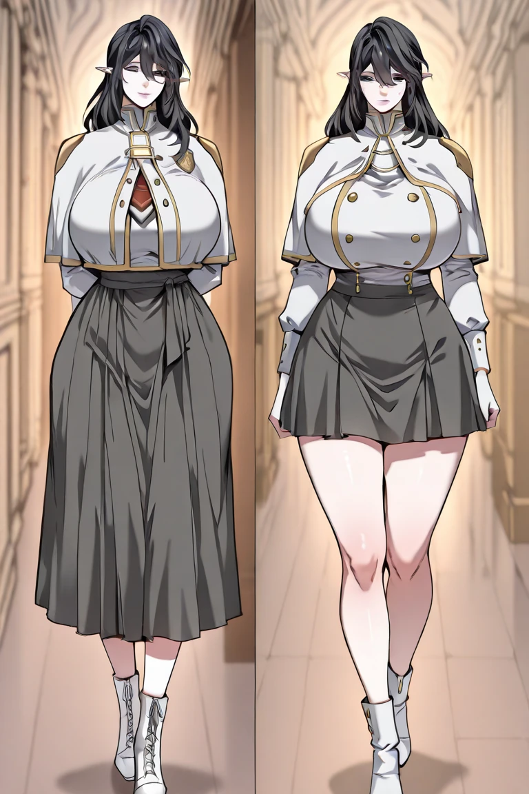 anime female character in white outfit with white coat,
BREAK
, elf, white hair, grey hair, earrings, pointy ears, long hair, ponytail, green eyes, twintails, parted bangs, thick eyebrows, (Beautiful,Huge_Breasts:1.3), milf,
BREAK
, 1girl, solo, Standing in the garden, full body, full figure,
BREAK
, A breathtakingly beautiful garden filled with vibrant flowers, lush green plants, and a crystal-clear pond. The air is filled with the sweet scent of blooming flowers, and rays of golden sunlight gently filter through the leaves, creating a magical atmosphere, 
BREAK
, white outfit with white coat, green boots, brown footwear
BREAK
, beautiful detailed eyes, beautiful detailed lips, extremely detailed eyes and face, long eyelashes,
BREAK
, medium: oil painting, atmospheric lighting, dreamy color palette, detailed interior decoration, quiet and peaceful ambiance,
BREAK
, (best quality,4k,8k,highres,masterpiece:1.2), ultra-detailed,