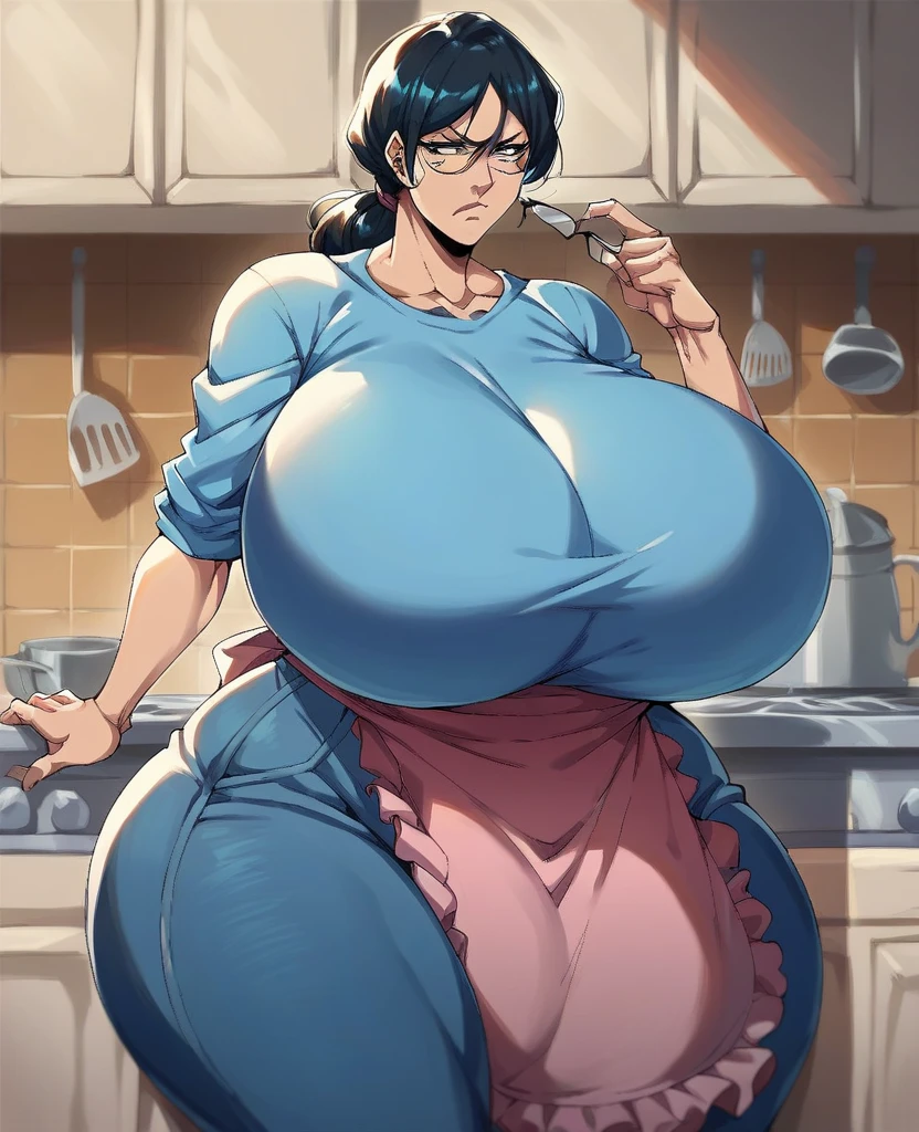 (((1woman))), 55-year-old-woman, ((milf, big body, woman with huge breasts)), long black hair, glasses,sideswept hair bang, plump face, tight wet blue dress, light blue dress, massive fart, brown gas, farting with force, ((smokey eyes, blush, biting lower lip, clenching teeth, eyes closed)),suffering, toilet
