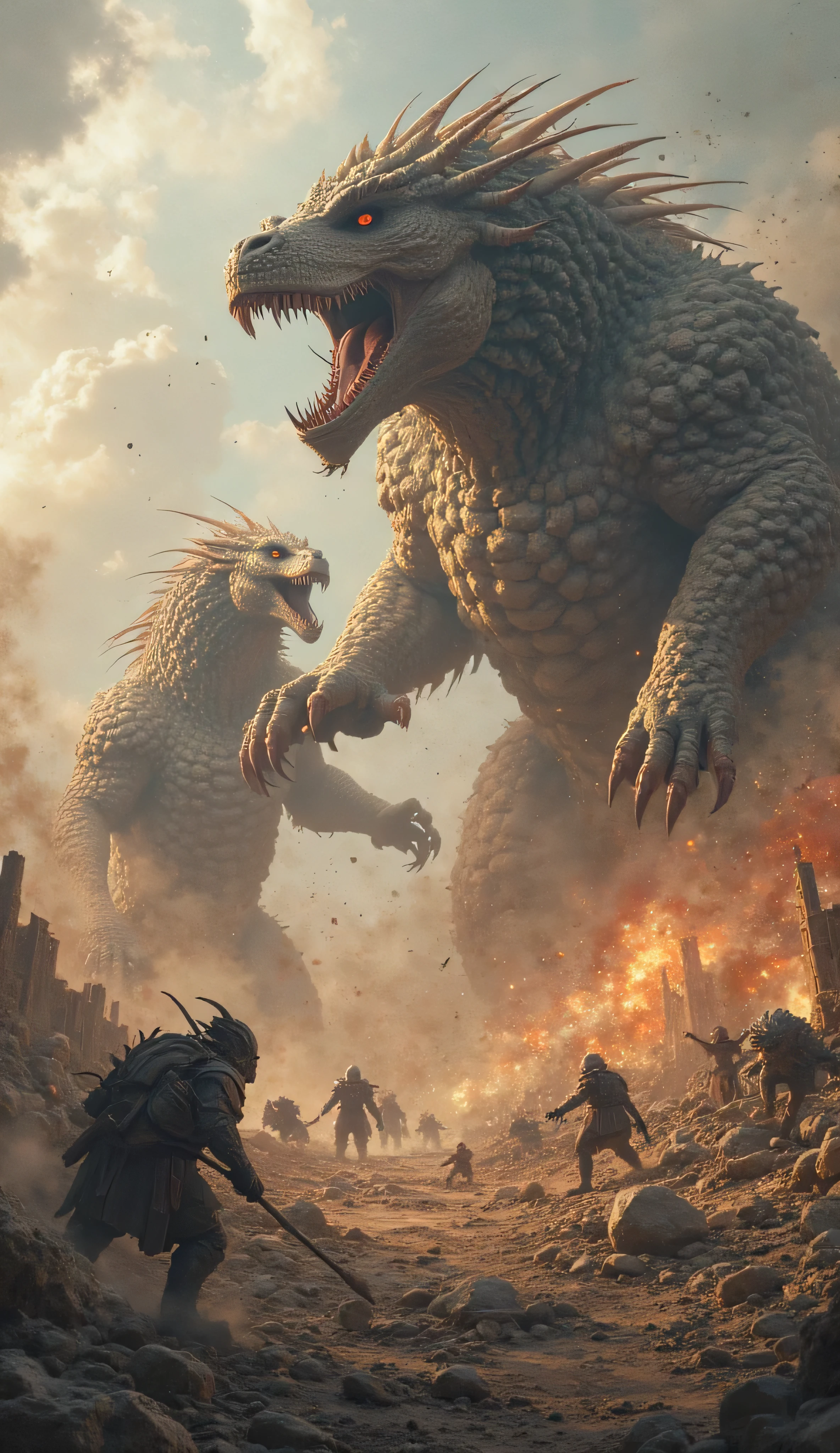 In a landscape ravaged by debris and fire, Godzilla, the gigantic irradiated creature, advances with heavy steps, each one causing the ground to shake. Its deafening roar echoes, announcing its fury as it launches a blast of atomic fire from its mouth. Hitler, in a sinisterly grotesque form, with supernatural powers acquired through nefarious means, faces the beast with a look of fervent hatred. He raises his hand, launching a dark energy spell that hits Godzilla, but the monster only becomes more angry, advancing with sharp claws and a devastating tail. The battle between the human tyrant and the colossal beast is a dance of pure destruction, an epic clash of malevolent forces in a struggle for apocalyptic supremacy.