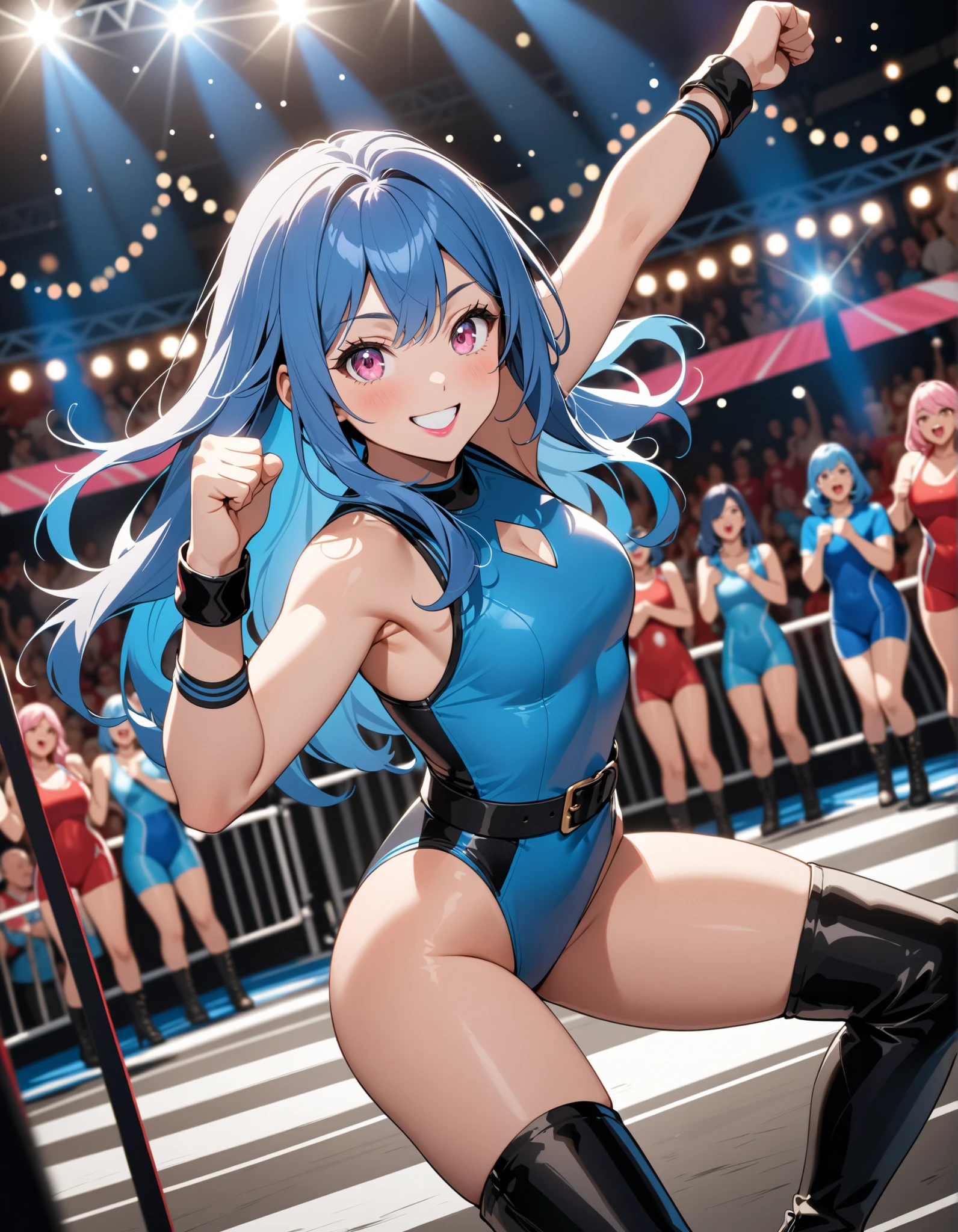 furudo erika, 1girl, solo, smile, smug, red dress, (frills:1.2), twintails, standing, (Tight leotard)), ((sexy pose)), ((Wrestling ring)), (Big tits), (Wide hips)