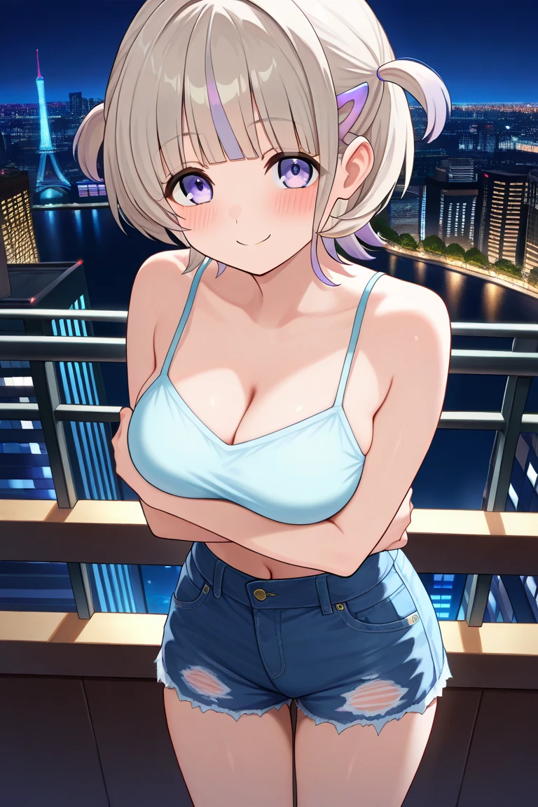 (kinako_(shiratama mochi) style), curren_chan_\umamusume\), ((topless)), nsfw, masterpiece, denim shorts, buttoned, belt, holding smartphone, solo, 1 girl, horse ears, horse tail, erect nipples, nipples, navel, bare breasts, bare stomach, sweaty, cowboy shot, hair ornament, outdoors, dubai, dancing fountain, collarbones, night sky, moonlight, skyscrapers, slim waist, white hair, short hair detailed eyes, beautiful eyes, wet, purple eyes, necklace, winking, peace sign, gold bracelet, gold cutouts, jewelries, city