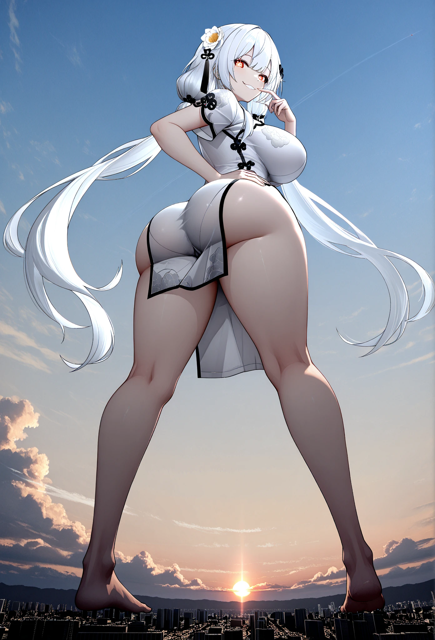 ((((Obra maestra, La mejor calidad, ultrahigh resolution)))), 1girl, standing, (cute maid costume), ((long pure silver hair and grey mesh hair, hair over eye)), long hair cut, pale skin, ((red eyes)), glowing_eyes, neon eyes, (ultra detailed eyes:0.7, beautiful and detailed face, detailed eyes:0.9), smile, ((wide shot)), facing viewer, ((vibrant background, bright lighting, summer, sunlight)), flat chested, looking at viewer, ((half closed eyes)), ((perfect hands)), (((head:1, arms, hips in view, elbows, arms, legs, in view))), ((hands behind back)), empty eyes, beautiful lighting, ((outside, outdoors)), defined subject, head tilt, (((gritty)), ((creepy)), ((cool)), ((beautiful)), (((SFW))), standing on the right, moon, city, shot from behind, back view, touching her ass, ass lift, wide hips, nice ass, buttlift, fingers