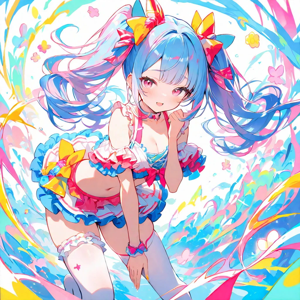 (masterpiece, Highest quality, Official Art:1.2), (colorful), Perfect Anatomy, Looking at the audience, One Girl, alone, White Background, floating colorful water, Ultra-fine illustrations, highly detailed, Dynamic Angle, beautiful detailed, 8K, break smiling amidst the colorful scenes, (Highest quality, masterpiece, High resolution, detailed), Anime Style, (Shining Eyes, detailed美しい顔), break,Dynamic Angle, Whole body shot, pastel colour, Vector illustration