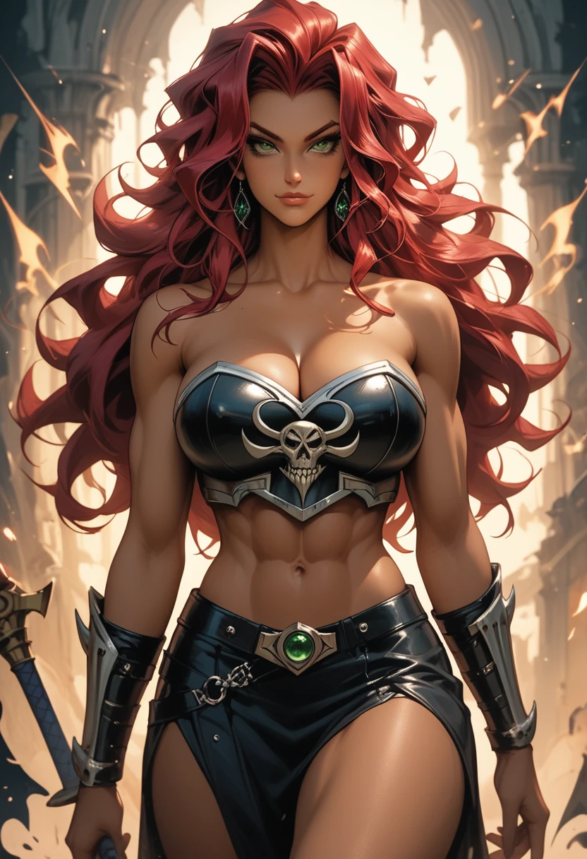 Beautiful 18 year old girl with flowing red hair, big breast, Goblin Queen of the X-Men in dynamic heroic pose, in black bikini