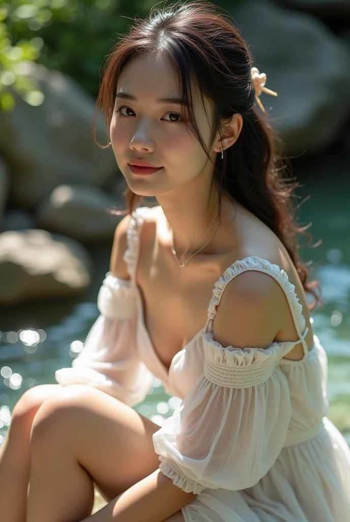 masterpiece, highest quality, movie stills, 1 girl,looking at the viewer、camisole dress、white dress、Dark subject with backlight、 Sky reflected on the sea surface、Mirror-like water surface、Reflective water surface、I can see your ankles、barefoot、sunset、beautiful sky, close, bright, Happy, warm and soft lighting, sunset, (spark:0.7)