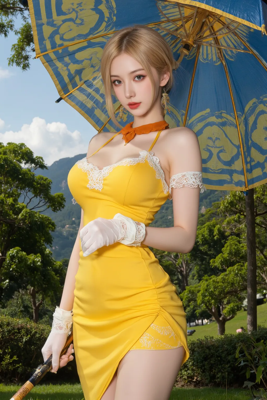 (front focus、perfect anatomy:1.5)、(Super detailed、16k quality、immature、real skin: 1.6)、hyper realist、Photoreal.cinematic lighting、highly detailed face、1 beautiful thai girl、 （14 year old beautiful half Thai/Japanese girl、24-years-old、laugh together:1.3）（blonde and gold hair color、big slit eyes、eye shadow、eyeliner、blue eye:1.5）blonde、long flashy gal makeup、cat ear headband（unbalanced chest、big boobs:1.4）sunburn、eyeliner、red lip. BREAK、（Glittering concert hall、Live venue:1.3）
BREAK (highly saturated (orange, tangerine) and green theme:1.4), (tone on tone:1.3), (wearing tangerine [[crochet]] hat:1.4), (green ribbon:1.4), (sleeveless (orange:1.1) and (white:0.7) [polka dot pattern] sundress:1.4), (bare shoulders:1.3), (suspenders with ruffles:1.2), (green belt with ribbon:1.3), (orange tiered skirt with ruffles:1.latform HIGH boots:1.1), (green ribbon on head:1.3),
BREAK (fishnet stockings:1.3), (earrings shape of mandarin oranges:1.2)、full body、