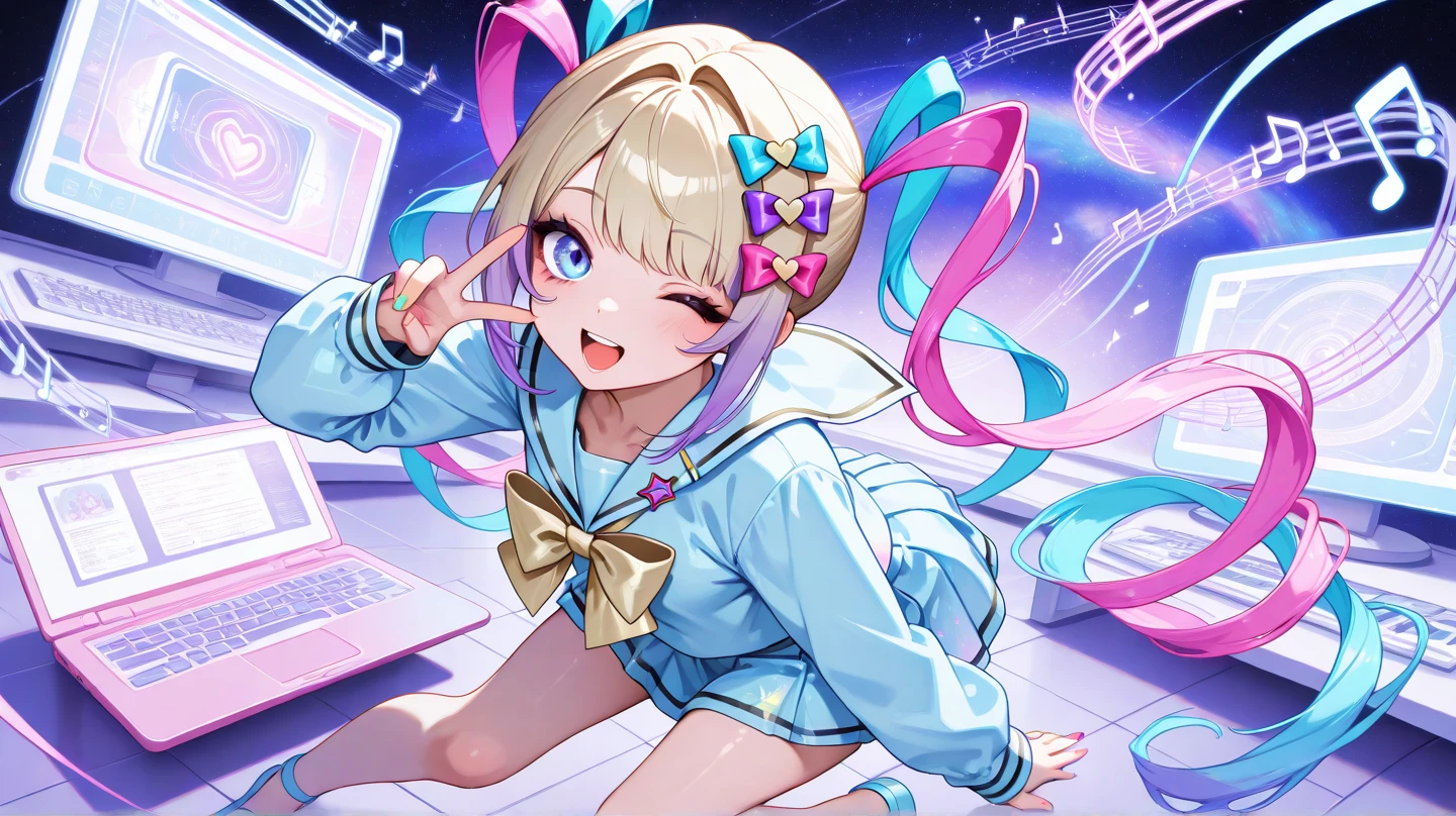  masterpiece, best quality, high-resolution, mysterious girl standing on a high floor，open in front of a mysterious star laptop. Long, flow, and vibrant pastel pink and silver tones; bold style, with dramatic woven ponytail. from laptop , and radiant data streams and holographic projections burst forth — a symbol of creativity ( Code,  Music notes , ETC.), transforms a monotonous environment into a vibrant, technology-enhanced environment，Yoneyama Mai Yoneyama Mai style，colorful，has Shen Yun's flat colors,high saturation,high contrast,(masterpiece:1.3),best quality,ultra detailed,complex detail,maximum resolution,(aesthetic:1.3),(absurdres:1.3),unreal engine5,16k,32k,ai-generated, Minimalism Portrait Flat,
front bend, face forward,dynamic pose,dynamicangle,v on face, one eye closed,digital media player, digital world, internet, webaddress, internet world,chouzetsusaikawa tenshi-chan,Kangel/OMGKawaiiAngel Needy Girl Overdose,chouzetsusaikawa tenshi-chan, 1girl,very longhair,purple bow,skirt, serafuku, blue eyes, bluenails, multicolored nails,school uniform,heart,long sleeves, multiple hair bows,pink nails,bluehair,open mouth,blue shirt, shirt, holographicclothing, pink hair,pill,yellow nails, blue skirt,blonde hair,twintails,pleated skirt,hair bow,bow,smile, heart hair ornament, multicoloredhair,
Neon colors,masterpiece,masterpiece,aegyo sal,
dream galaxy,galaxy(theme),surreal,dreamcore, purple lineart, galaxy elements,aesthetic, soft colors,pastel colors,coloredlineart,((blue tones: 1.2)),((purple tones: 1.2)),glitter effect, fantasy style,dream galaxy,galaxy(theme), surreal,dreamcore, purple lineart,galaxy elements,kavaii style, aesthetic,softcolors,pastel colors,colored lineart,((blue tones:1.2)),((purple tones: 1.2)), glitter effect,fantasystyle,
model
I-rin l~lnd to nin..·nR.n