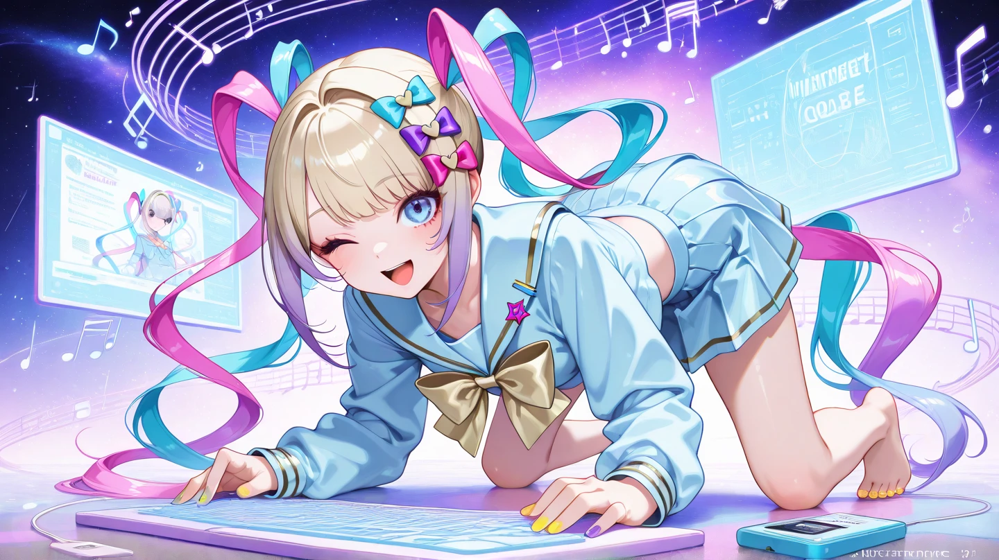  masterpiece, best quality, high-resolution, mysterious girl standing on a high floor，open in front of a mysterious star laptop. Long, flow, and vibrant pastel pink and silver tones; bold style, with dramatic woven ponytail. from laptop , and radiant data streams and holographic projections burst forth — a symbol of creativity ( Code,  Music notes , ETC.), transforms a monotonous environment into a vibrant, technology-enhanced environment，Yoneyama Mai Yoneyama Mai style，colorful，has Shen Yun's flat colors,high saturation,high contrast,(masterpiece:1.3),best quality,ultra detailed,complex detail,maximum resolution,(aesthetic:1.3),(absurdres:1.3),unreal engine5,16k,32k,ai-generated, Minimalism Portrait Flat,
front bend, face forward,dynamic pose,dynamicangle,v on face, one eye closed,digital media player, digital world, internet, webaddress, internet world,chouzetsusaikawa tenshi-chan,Kangel/OMGKawaiiAngel Needy Girl Overdose,chouzetsusaikawa tenshi-chan, 1girl,very longhair,purple bow,skirt, serafuku, blue eyes, bluenails, multicolored nails,school uniform,heart,long sleeves, multiple hair bows,pink nails,bluehair,open mouth,blue shirt, shirt, holographicclothing, pink hair,pill,yellow nails, blue skirt,blonde hair,twintails,pleated skirt,hair bow,bow,smile, heart hair ornament, multicoloredhair,
Neon colors,masterpiece,masterpiece,aegyo sal,
dream galaxy,galaxy(theme),surreal,dreamcore, purple lineart, galaxy elements,aesthetic, soft colors,pastel colors,coloredlineart,((blue tones: 1.2)),((purple tones: 1.2)),glitter effect, fantasy style,dream galaxy,galaxy(theme), surreal,dreamcore, purple lineart,galaxy elements,kavaii style, aesthetic,softcolors,pastel colors,colored lineart,((blue tones:1.2)),((purple tones: 1.2)), glitter effect,fantasystyle,
model
I-rin l~lnd to nin..·nR.n