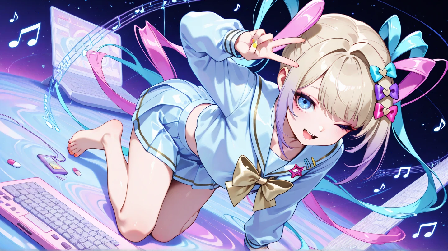  masterpiece, best quality, high-resolution, mysterious girl standing on a high floor，open in front of a mysterious star laptop. Long, flow, and vibrant pastel pink and silver tones; bold style, with dramatic woven ponytail. from laptop , and radiant data streams and holographic projections burst forth — a symbol of creativity ( Code,  Music notes , ETC.), transforms a monotonous environment into a vibrant, technology-enhanced environment，Yoneyama Mai Yoneyama Mai style，colorful，has Shen Yun's flat colors,high saturation,high contrast,(masterpiece:1.3),best quality,ultra detailed,complex detail,maximum resolution,(aesthetic:1.3),(absurdres:1.3),unreal engine5,16k,32k,ai-generated, Minimalism Portrait Flat,
front bend, face forward,dynamic pose,dynamicangle,v on face, one eye closed,digital media player, digital world, internet, webaddress, internet world,chouzetsusaikawa tenshi-chan,Kangel/OMGKawaiiAngel Needy Girl Overdose,chouzetsusaikawa tenshi-chan, 1girl,very longhair,purple bow,skirt, serafuku, blue eyes, bluenails, multicolored nails,school uniform,heart,long sleeves, multiple hair bows,pink nails,bluehair,open mouth,blue shirt, shirt, holographicclothing, pink hair,pill,yellow nails, blue skirt,blonde hair,twintails,pleated skirt,hair bow,bow,smile, heart hair ornament, multicoloredhair,
Neon colors,masterpiece,masterpiece,aegyo sal,
dream galaxy,galaxy(theme),surreal,dreamcore, purple lineart, galaxy elements,aesthetic, soft colors,pastel colors,coloredlineart,((blue tones: 1.2)),((purple tones: 1.2)),glitter effect, fantasy style,dream galaxy,galaxy(theme), surreal,dreamcore, purple lineart,galaxy elements,kavaii style, aesthetic,softcolors,pastel colors,colored lineart,((blue tones:1.2)),((purple tones: 1.2)), glitter effect,fantasystyle,
model
I-rin l~lnd to nin..·nR.n