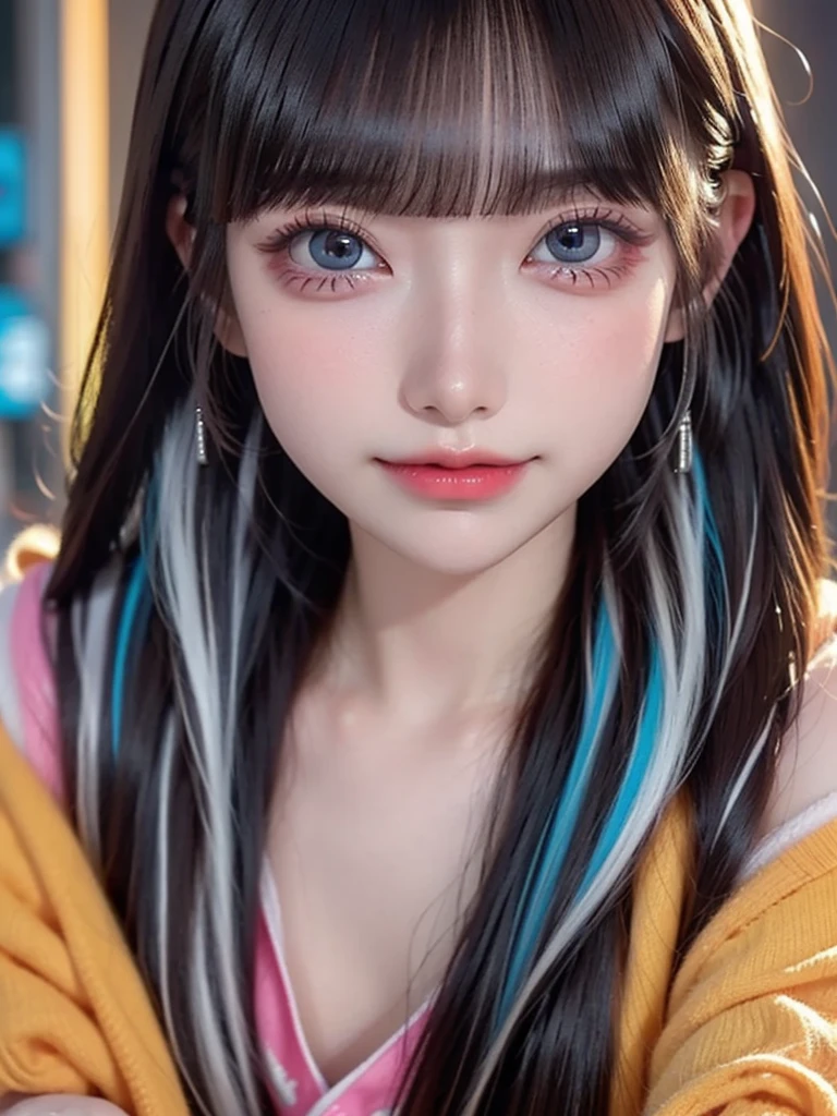 pale brown hair,Qi air bangs,Aqua blue hanging ear dye,mid - length hair,Young girls