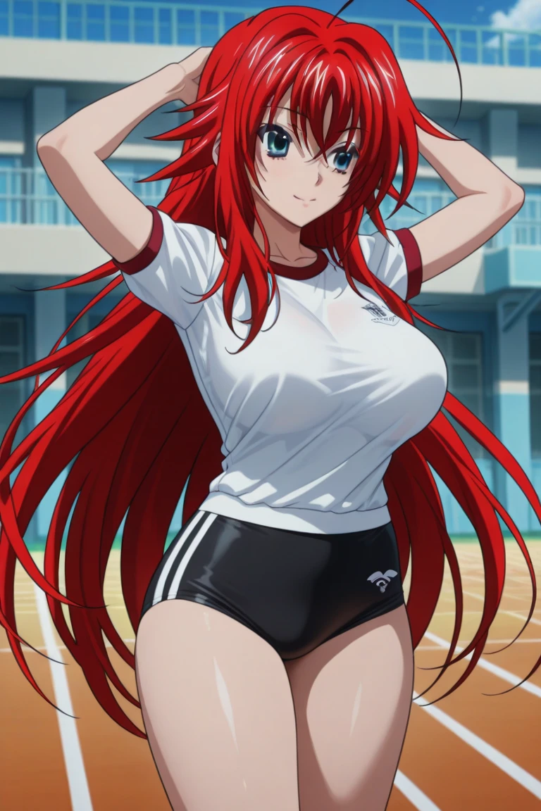 Una mujer con cabello rojo y top azul parada en un gimnasio., , asuka, gremory maquillaje, zenkai de cuerpo desnudo! trajes de asuka, Asuka Langley Sohryu, erza scarlet as a real person, asuka como modelo surfista, marin kitagawa fan art, asuka langley souryuu, personaje de anime femenino, 