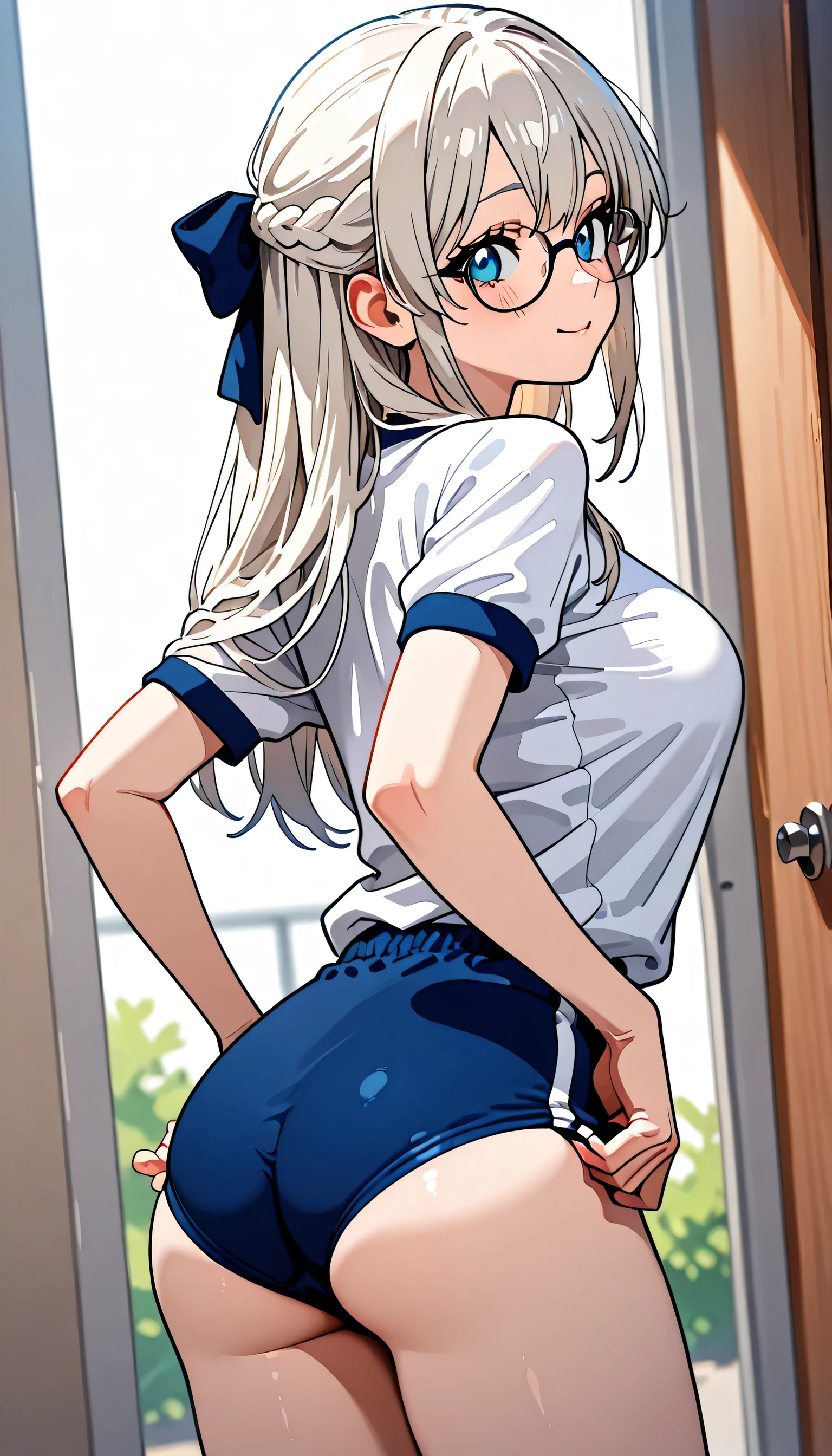 (score_9, score_8_up, score_7_up), source_Anime, absurd_res, white, blue, black, 1girls, solo, multiple girls, upper body, super fine illustration, an extremely delicate and beautiful, best quality, masterpiece, 8K, spring setting, on the school Athletic Festivalbeautiful detailed sky, flowers, gentle breeze, long silver hair:1.3, half updo:1.3, blue eyes:1.3, sagging eyes:1.3, (wearing glasses:1.3), (round eyewear:1.3), hair ribbon with light red, ample breasts, white gym uniform with Navy blue rim:1.3, navy blue school gym buruma, smile:1.3, blush:1.3, adjusting the fabric to fix its position:1.2, slightly pulling it to cover more, folds in the fabric, natural hand movement, dynamic pose, contrapposto pose, from behind:1.3, turn around:1.3, soft fabric movement, warm and bright atmosphere, soft lighting, delicate color palette, detailed clothing folds, flowing hair, lively spring vibe, highly detailed rendering, breathtaking composition,