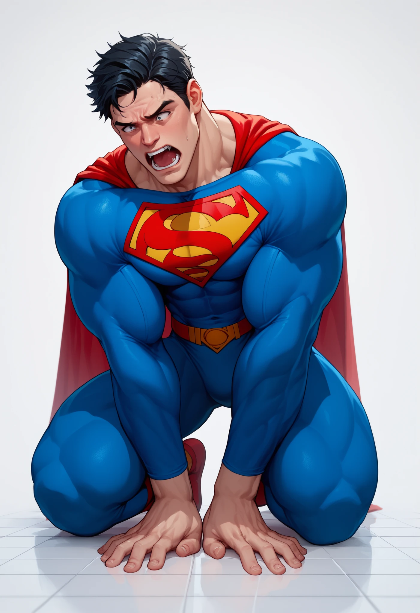 ((White background )) , rathing_questionable  , solo MAN  (1man) ,  40 years old  , black short hair ,  black EYES , strong , ((superman:1.4)) ,((hyper muscular:0.9)) (muscular) Very shocked (Screaming in pain) Kneel on the floor 