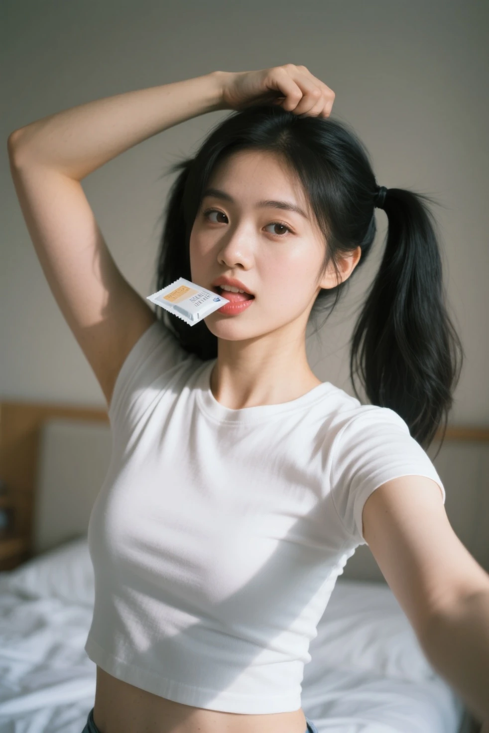 cute girl leaning on a chair, holding a lit cigarette, laughing a little, looking up, wearing a short-sleeved t-shirt, short hair, big breasts, wearing jeans, wearing high heels, tattooed chest, realistic, realistic, masterpiece, best quality, 8k, high resolution, lock focus, soft light, Cinematic Light,