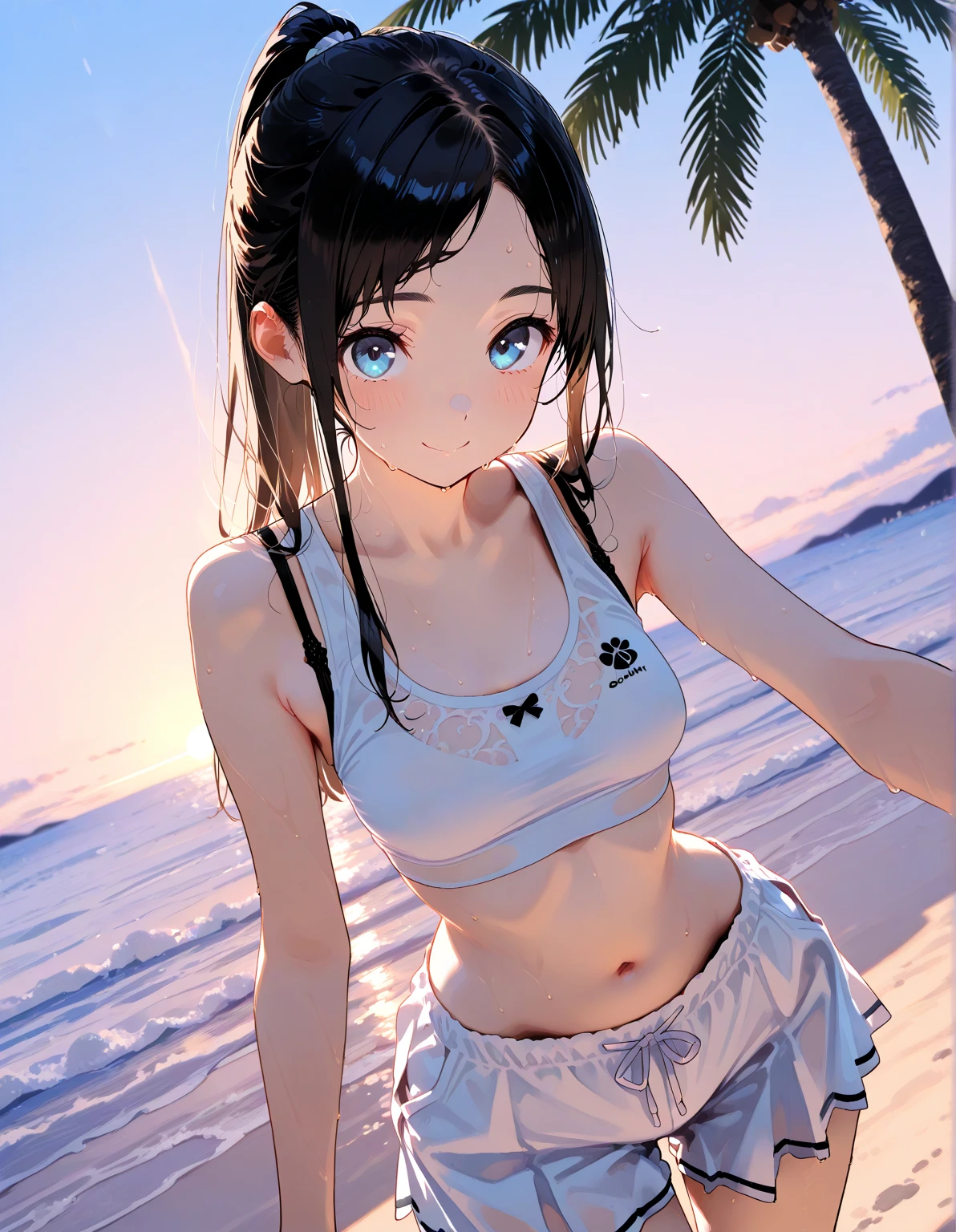 highest quality、realistic、Japanese、girl、cowboy shot、look up、cute、Green eyes、ponytail、black hair、all back、Forehead is coming out、Ocean、light blue swimsuit、joy、sunburn、Midsummer、Sweat、slender、small breasts