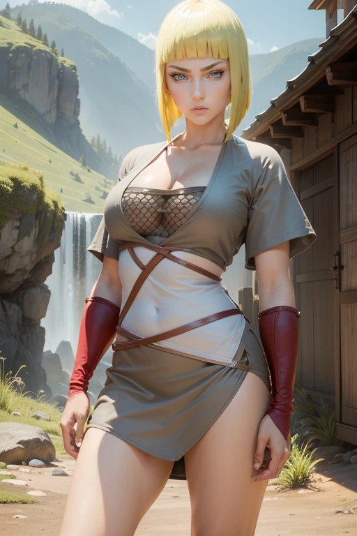 Samui from naruto, 1girl, western girl, solo, (huge titusty, thiccture perfect, short blonde hair, tall girl, large eyes, anime eyes, both hands have same size, both eyes have same sizes, beautiful lady fingers size, wearing sexy gray and white ninja outfit, gray kimono, black fishnet, red leather, wearing miniskirt, wearing red handband, cleavage, wearing black shinobi sandal, looking at viewer, emotionless, kunoichi, fighting pose, cowboy shot, full body shot, portait foto, in the forrest, standing on grass, cloud, mountain view, semi realistic artstyle, 3d, absurdes, NSFW, high res, ultrasharp, 8K, masterpiece, best quality