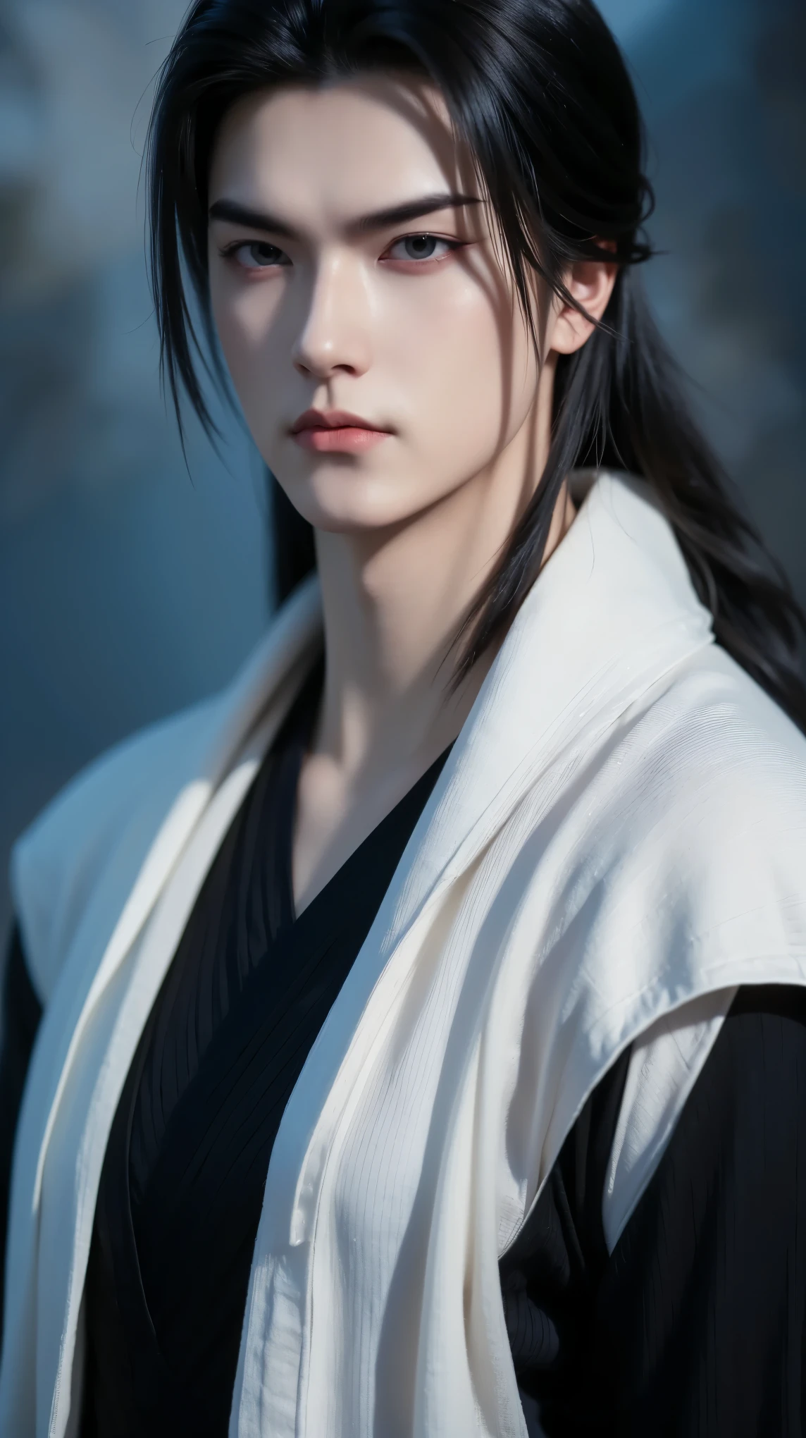 "An ultra-realistic 8K cinematic portrait of Vuong Lam — a strikingly handsome young man whose presence exudes coldness, majesty, and inner strength, mixed with a touch of loneliness. His sharp, symmetrical face reflects resilience and intelligence, with piercing dark blue eyes full of depth, mystery, and untold stories shaped by countless challenges. His skin is rendered with lifelike detail — natural pores, texture, and subtle lighting, conveying realism and humanity.

He has modern short, slightly tousled black hair with a stylish yet natural look, enhancing his mature yet youthful charisma. He wears a fitted dark crew-neck T-shirt and tailored pants — simple, modern, and understated — but his posture, expression, and aura still hint at a powerful immortal lineage. The color palette is muted: black, charcoal, and deep gray, suggesting mystery and experience.

The atmospheric background is hazy and ethereal with a faint swirl of spiritual energy, subtly nodding to his Xianxia origins. Dramatic lighting enhances his noble, melancholic aura and adds cinematic depth. The portrait is hyper-realistic, incredibly detailed, and emotionally captivating — a modern reimagination of a Xianxia legend in today’s world."
