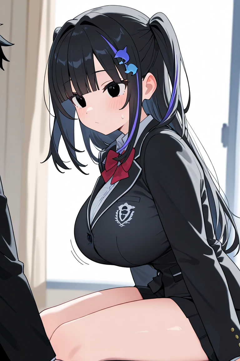 best quality,ultra-detailed,high resolution,newest,uncensored,nsfw,1girl,thighhighs,large breasts,sweat,steam,school_uniform,white_shirt,rikka takarada,black hair,blue eyes,long hair,lips,,white cardigan,mini_skirt,pleated skirt,private room,on the bed,bed,embarrassed,orgasm,,aroused,,,seductive smile,covering own eyes,covering face,lifted by self,lace bra,shirt lift,spread legs,big black penis,straddling,sex,excessive cum,1man,pov