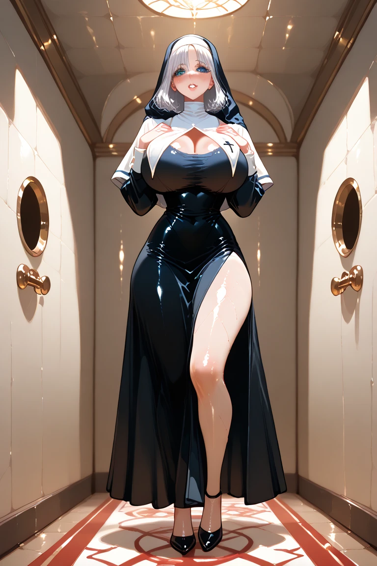 (Character Sheet:1.4)) ((full body view:1.5)) The same girl , Absolutely beautiful , (horns: 1.8, Long hair , Black gothic nun dress , Athletic body , ((giant breast:1.8)) Extremely detailed portrait with bokeh effect , ((Nun's clothes:1.6)), Realistic lighting , Night Street View , Dark atmosphere , crowd , goth makeup , Gothic tattoo , Pose as a model , Look at the viewer, Cool lighting, Blue Street Light ((Sunset Atmosphere Light:1.0))
