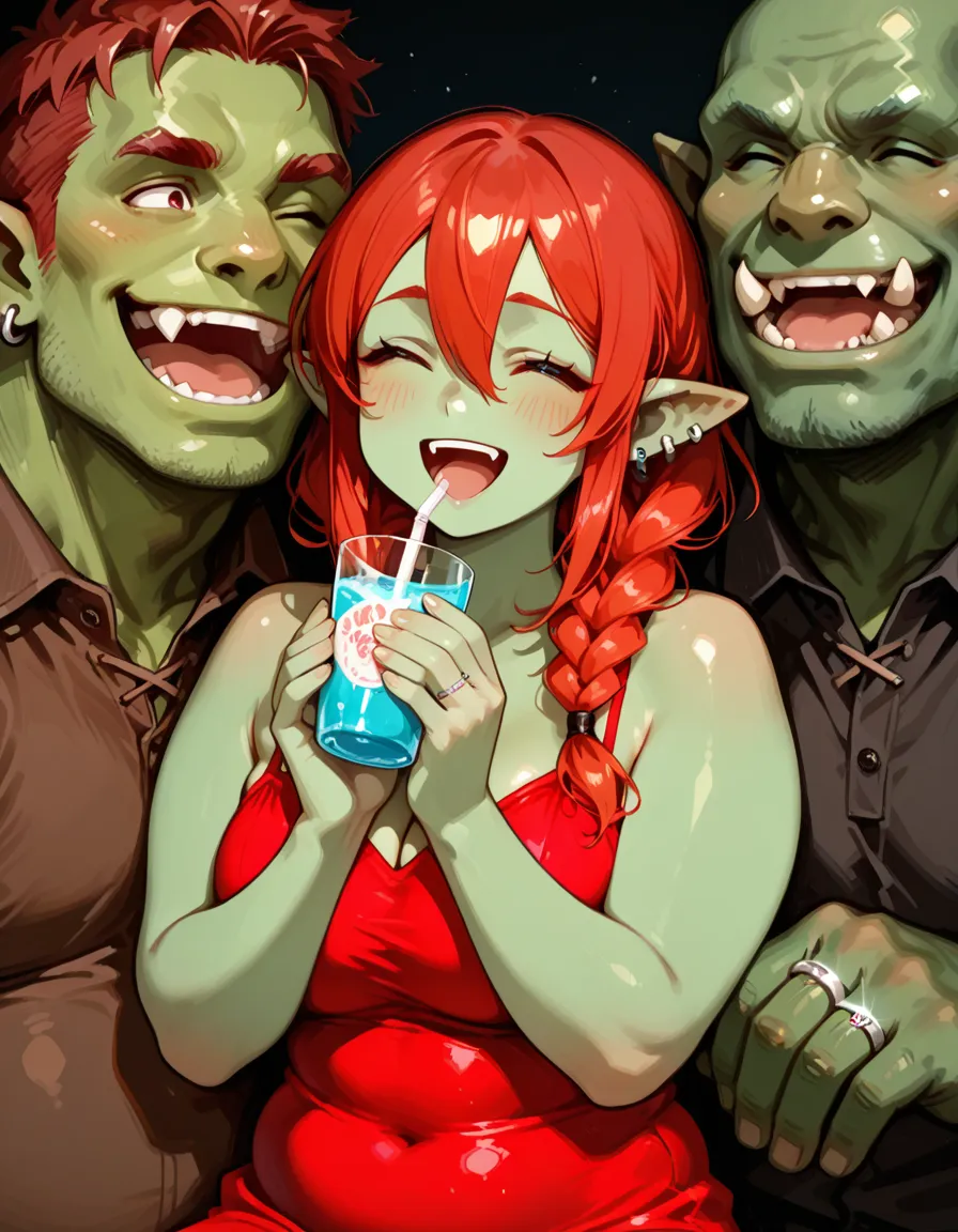 (art by abram efimovich arkhipov:1.2), best quality, masterpiece, extremely detailed, detailed background, 1girl ((Green skin goblin girl long and pointed ear with black and purple hair), 1man(human man with blue skin, white long hair and red eyes), selfie, tavern, (wearing medieval armor) (((oil painting)))