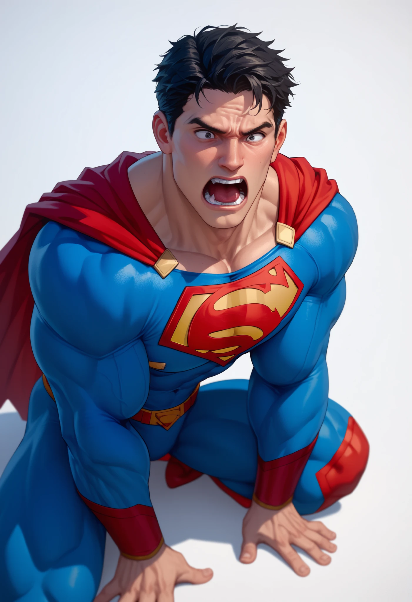 ((White background )) , rathing_questionable , solo MAN (1man) , 40 years old , black short hair , black EYES , strong , ((superman:1.4)) ,((muscular:0.5)) Very shocked (Screaming in pain) Kneel on the floor