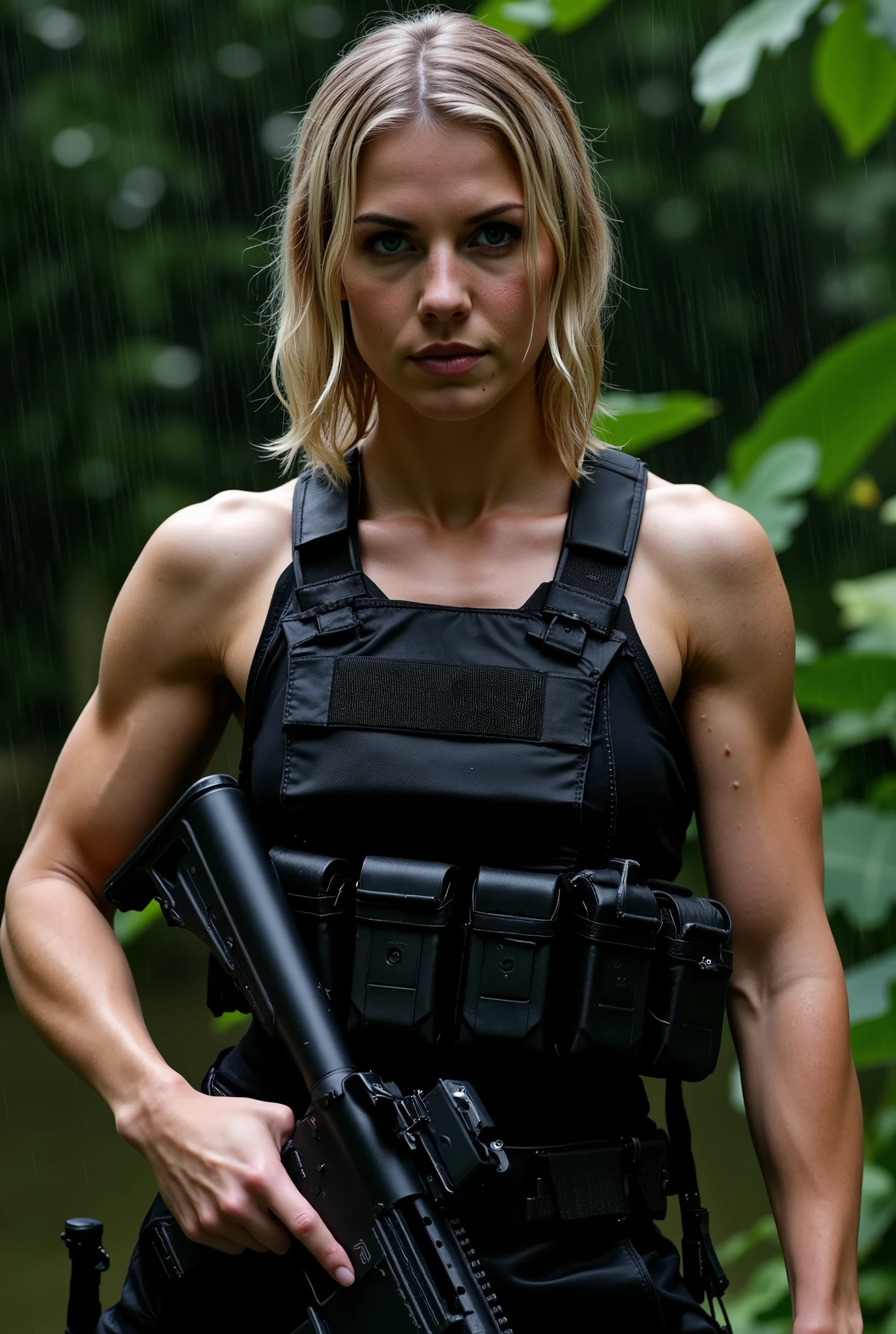 (close-up shot), (facing forwards), looking directly into the camera, A stunning skinny fashion model in full black military gear with tactical vest, utility belt, handgun holster on her side, comm's device, and she is holding a military rifle. She has wet shoulder length blonde hair. (Blue eyes:1.6), (black military tactical gear:1.9), (black utility belt:1.5), (big muscular biceps), (holding an AR-15 rifle:1.5), (skinny:1.5) Her expression is confident. She is walking forwards in a dense jungle at night. Heavy rain pours. The image is ultra high-definition with physically based rendering, detailed textures. (Night time:1.8), (very dark), (detailed face), (highly detailed eyes:1.3), (realistic), (photo-realism:1.4)