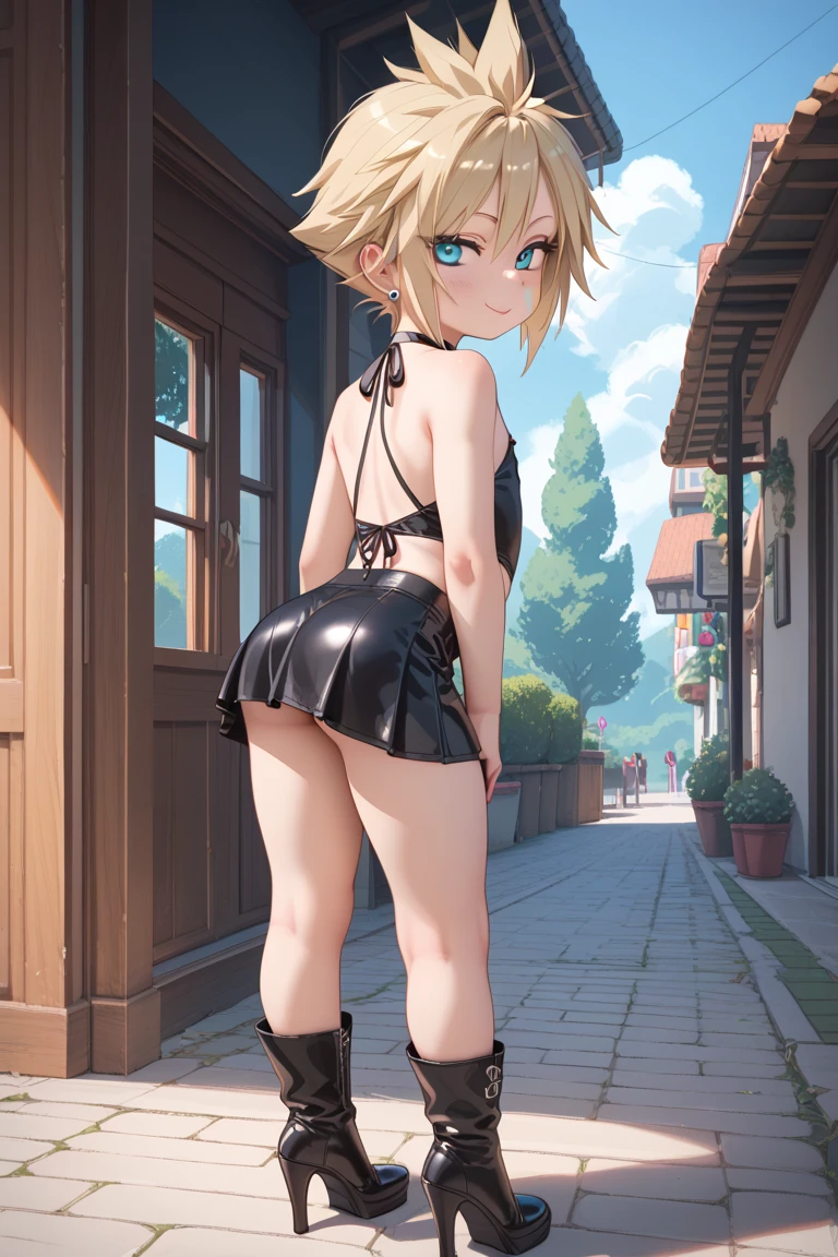 White tube top, white felt miniskirt, FOCUS CUTE FACE, MAKEUP, blonde medium wave hair, narrow eyes, blue eyes, countryside, wear black boots, with BLACK TATTOS in her body, FOCUS wear leather gloves, outdoors, blue sky, all body view. BACK VIEW. She is looking at the viewer. Pussy visible.