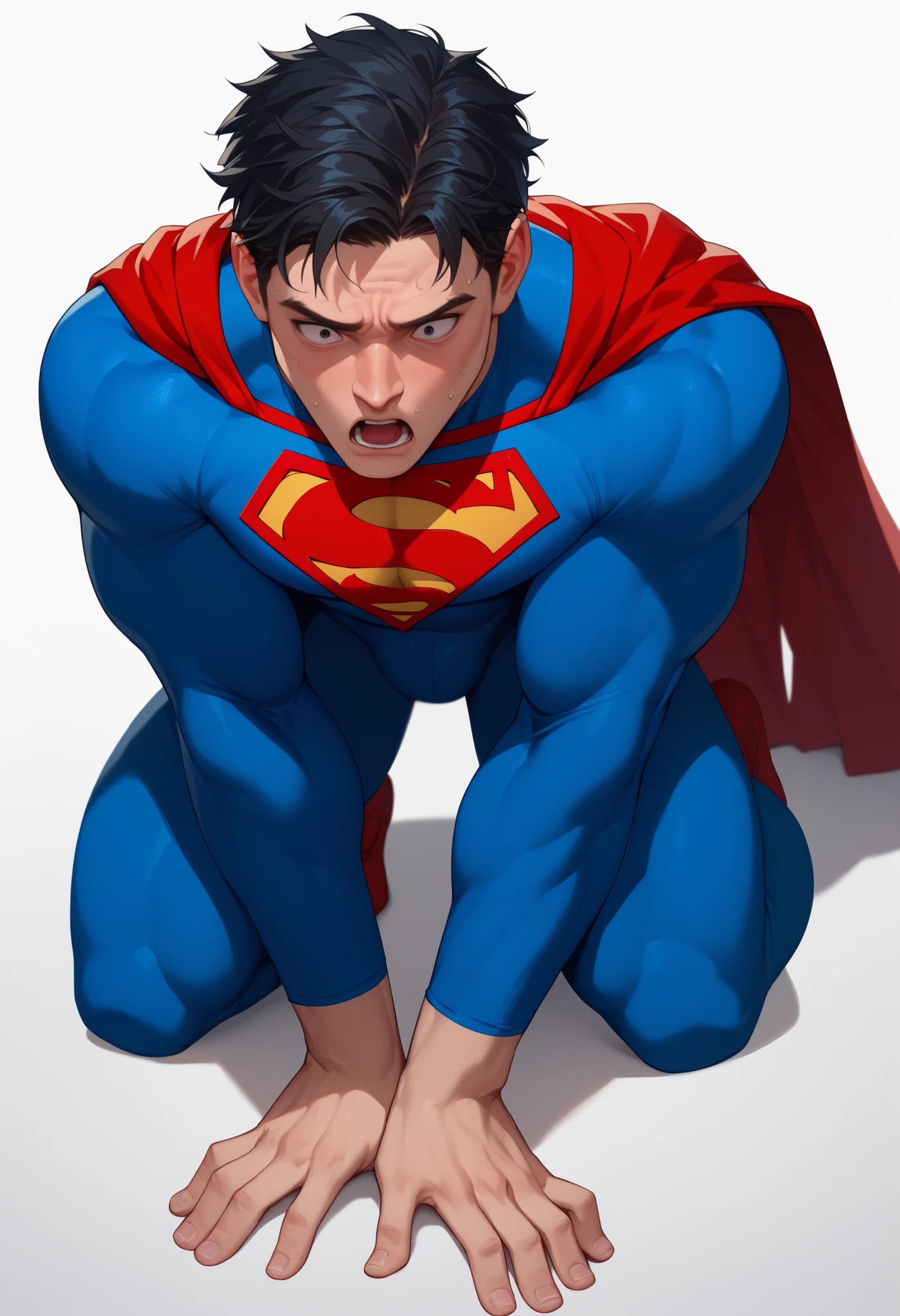 ((White background )) , rathing_questionable , solo MAN (1man) , 40 years old , black short hair , black EYES , ((superman:1.2)) ,((very skinny:0.9)) Very shocked (((very thin:1.4))) Very shocked, Kneel on the floor ,Very weak ,gaunt (emaciated)
