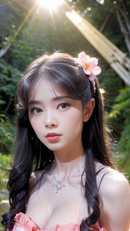 yeji, a woman, (upper body:1.2), 1girl, (looking at viewer:1.3), (schoolgirl jacket), (flower crown), ( background), natural skin color, (closed mouth:1.2), (medium breast), floating hair, beautiful expression, face detailed, eyes detailed, iris detailed, masterpiece, best quality, photorealistic, hyper realistic, ultra detailed, perfect lighting, depth of field, shadows, highres,