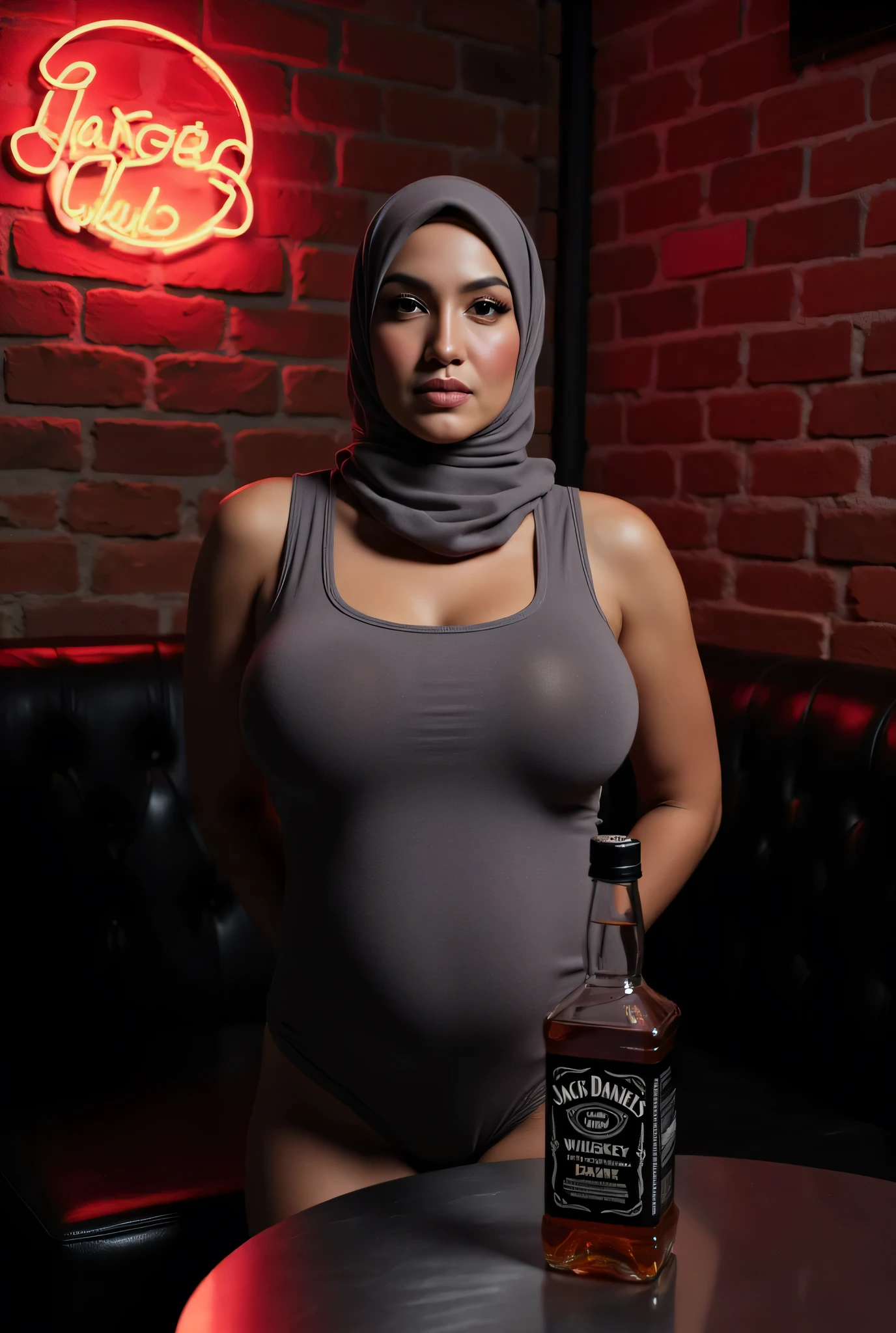  Arab woman in Short tight black hijab nude arm nude shoulder breasts standing in bathroom holding beer bottle laughing realistic photo photorealism make up big lips