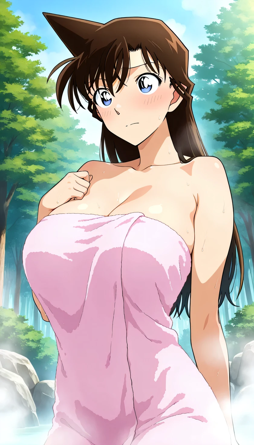 masterpiece,Highest Quality,{{details, beautiful face and eyes}}, 非常にdetailsな背景,
  Mouri Ran,long hair,brown hair,light blue eyes,A medium-sized bust surrounded by dense forest,
((Naked Towel)),chest,
solo,1 girl on break day,(is embarrassing,closed mouth,steam:1.0),
((前かがみ, Breasts with Azaleas :1.2)),
(spa background :1.0),nsfw