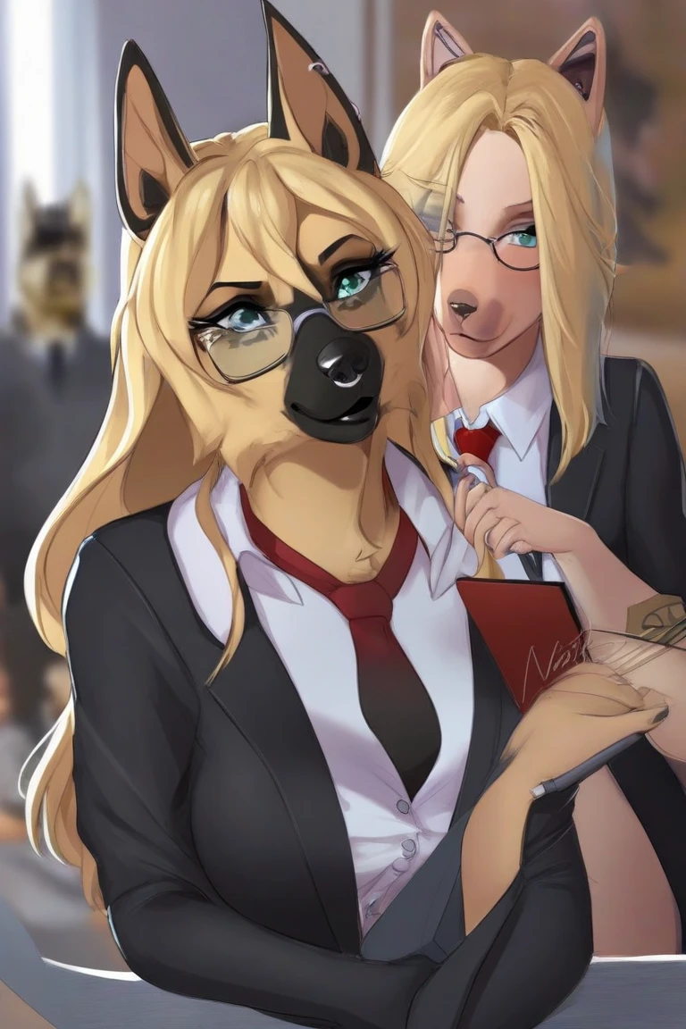 score_9, score_8_up, score_7_up, score_6_up, score_5_up, score_4_up, (two girls) lying down on the bed, squatting on the top, female anthro hyena, secretary clothes, skirt, high heels, lusty, fluffy body, long blond hair, turquoise eyes, (thick thighs:1.5)((( offering the breasts))) sex partial clothes, (((cleavage))) semi-butonned uniform niform, (barely_visible_booba) , giant breasts, garter belt tights