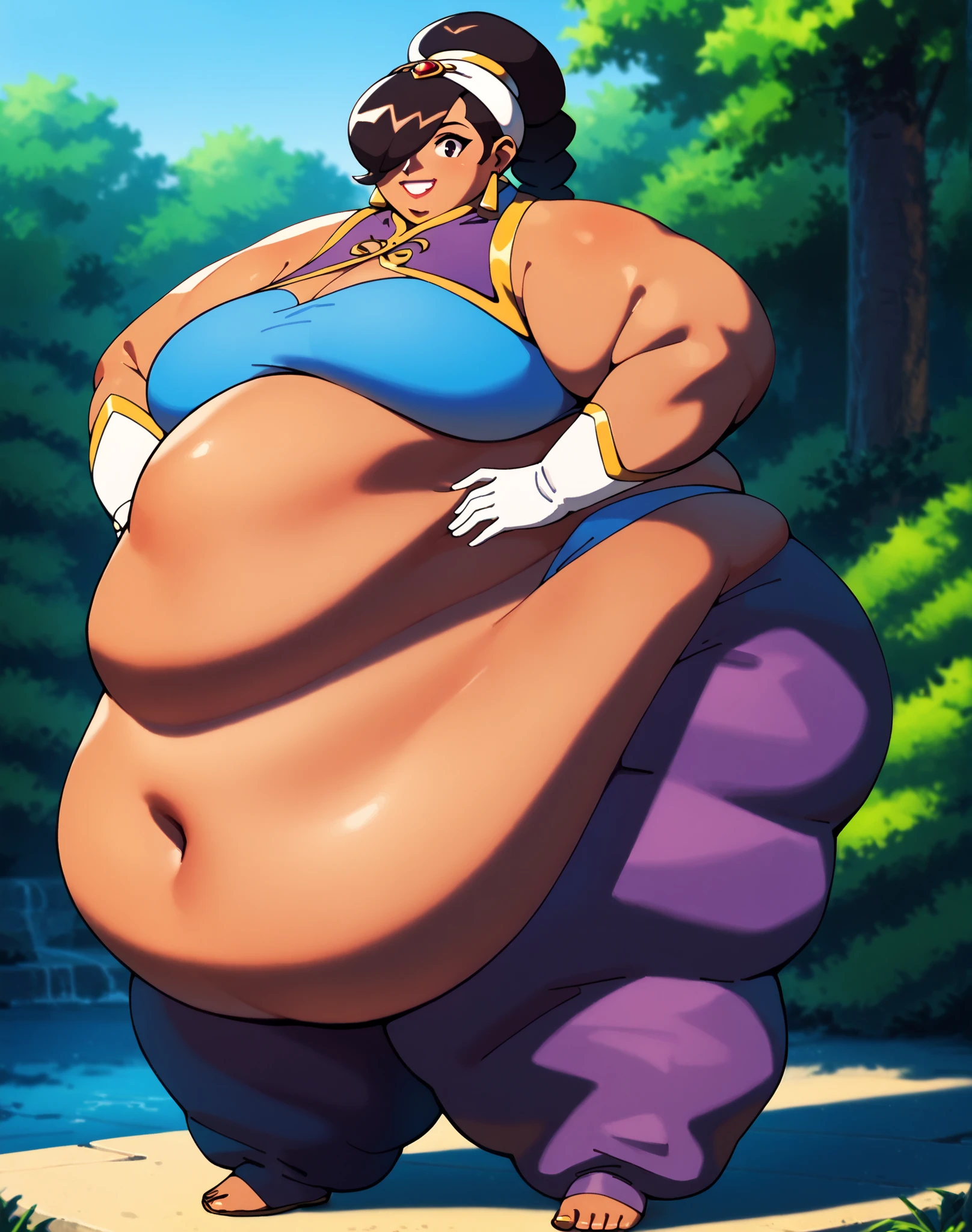 a anime drawing of a fat man with a whip in his  hand, thicc, full body portrait of , fullbody commission for, thicc build, commission for high res, thick black lineart, he , cel shaded!!!, oc commission, full body!, ((handsome)) mature man in a purple outfit and black boots, Frilly white skirt,  purple vest ((with Lotus motifs)), flaired dark purple sleeves ((wearing magical Girl inspired outfit)), Black hair styled in a single bun with a purple ribbon around it, full body close-up shot Single Subject!!, background (( a Pier with Lotuses in the water)) . Morbily obese!! ( super large,Fat, round, belly)), ,(( large double wide hips)), ((large fat butt), (( large ,thick, fat thighs)) , Proportionally large and fat arms and Legs!!, large Fat breast, fat chubby cheeks, Fat face, multiple chins, , masterpiece!!, full body!! , Expression(angry, frowning) pose(cracking a Whip , legs Spread out ), Effects ( clothes ripping , Purple lightining)