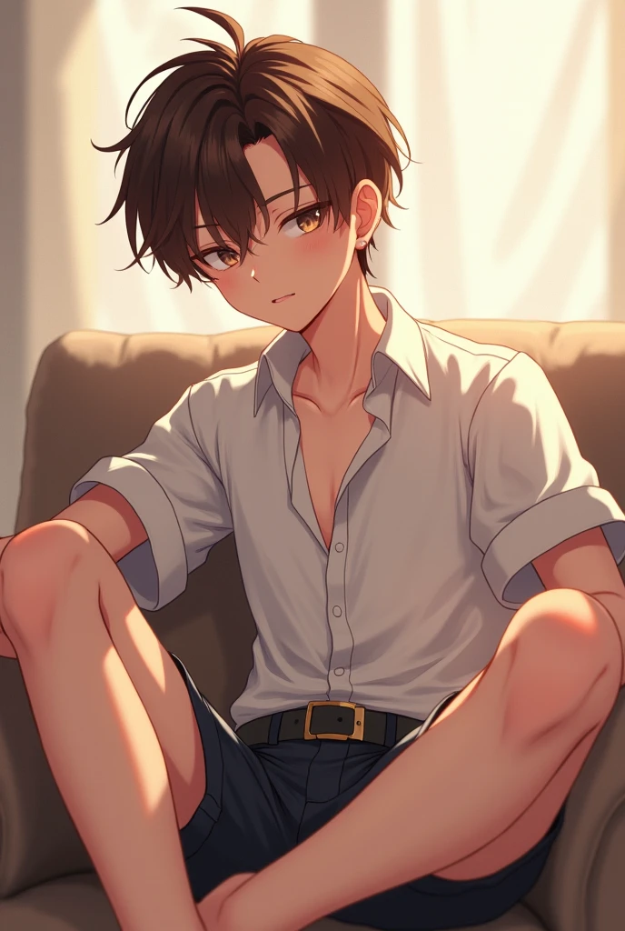 cinematic angle, masterpiece、high quality、(25 year old man with short dark brown hair and green eyes:1.5), wearing a white T-shirt、(Alone:1.5)、(sleepy:1.2), closed eyes, (Only the upper body is shown.:1.3)、The background is the seat of the sofa、on back,