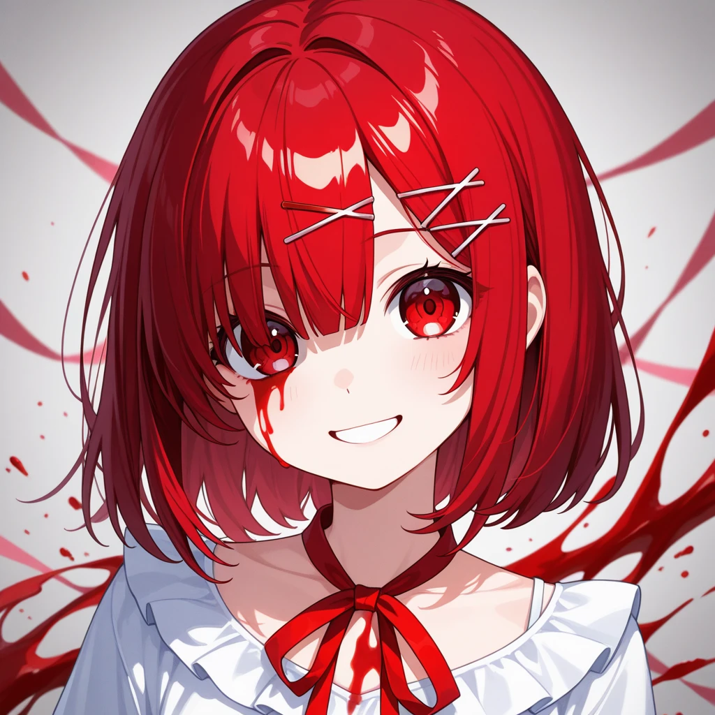 original character , 1girl, (crazy smile:1.2) , red hair , bangs , crazy eyes , hands on face , blood splatter on face , red and black color scheme, open mouth, (wide-eyed:1.2), glowing eyes