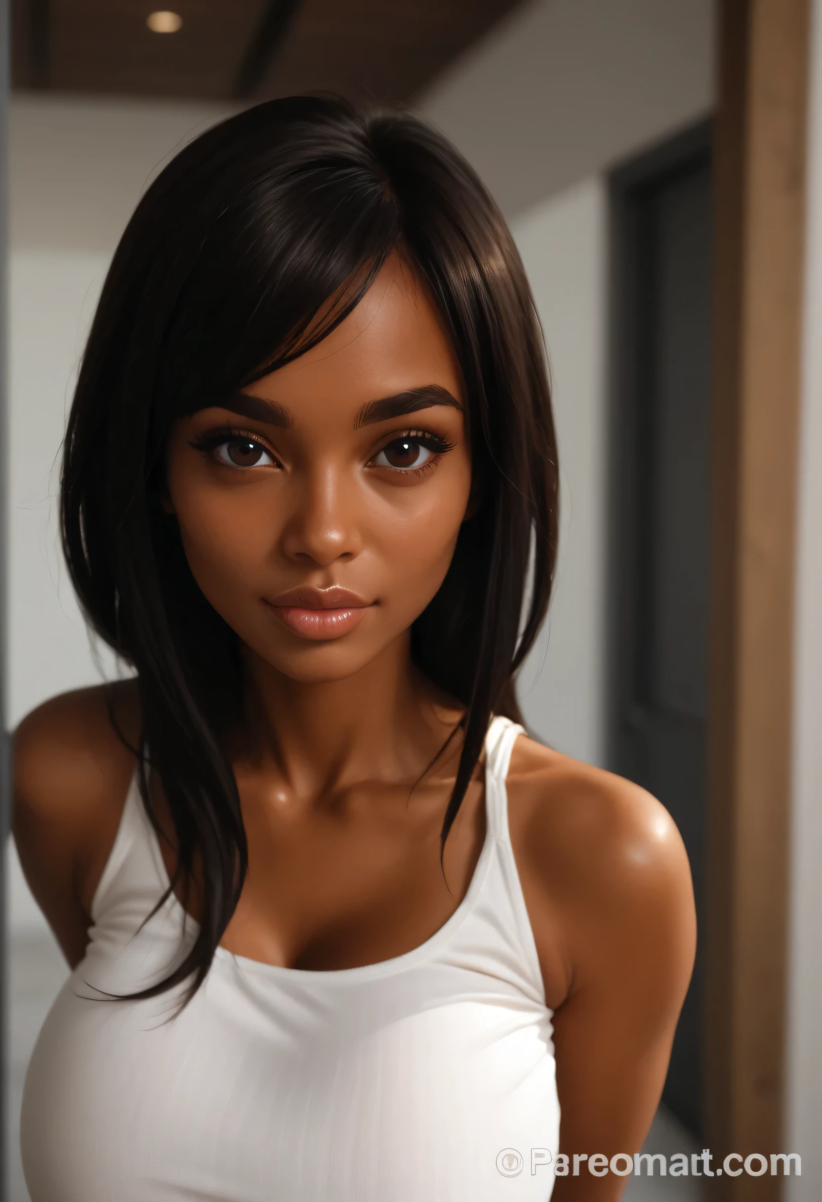 (colored skin, brown skin), perfect face, black hair, long hair, black thin eyebrows, dark brown eyes, nose, thick lips, collarbone, cleavage, huge breasts, white tank top, arms behind back, looking at viewer, blurry background, blurry