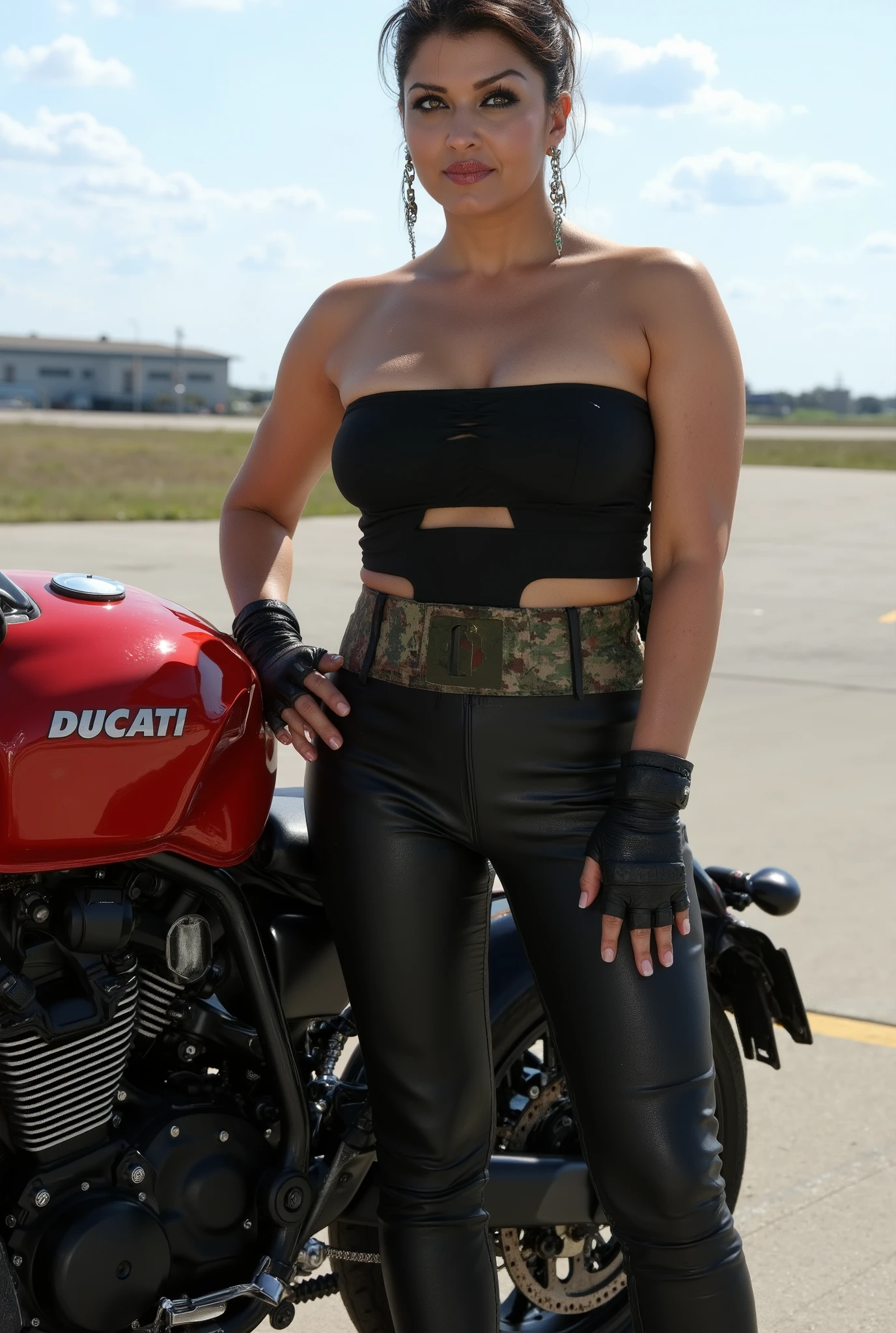 Full body photo of 50YO MATURE MILF AISHWARYA RAI as a SEXY ARMY MILF COMMANDO, WEARING (((BLACK TIGHT LEATHER PANTS WITH OFF-SHOULDER STRAPLESS TANK TOP EXPOSING CLEAVAGE AND MID RIFF))), ((((DARK SMOKY EYE MAKEUP WITH ARCHED EYEBROWS)))), COMBAT BOOTS, COMBAT GLOVES, KNEEPADS, CAMO PLATE CARRIER RIG, intricate details, POSING ON RED DUCATI BIKE in an airstrip, ((FLIRTATIOUS SARDONIC SMOULDERING SMIRK)), ((MESSY BLUE HIGHLIGHTED BUN TIED HAIR)), SUNNY day scene, MATURE CURVACEOUS MILF FIGURE, look straight at camera, bright volumetric lights, intricate details, (ArtStation:1.2)
