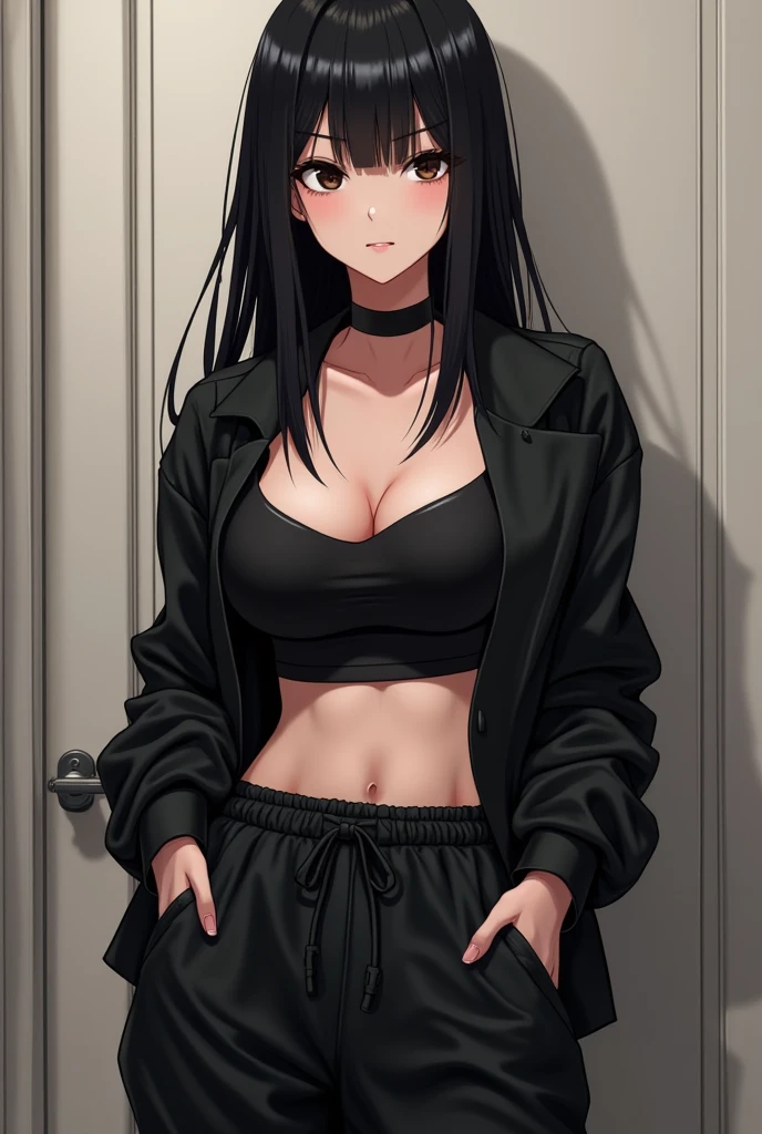 a sexy girl, dark black hair, loose hair, Sharingan eyes, casual clothes, annoyed, head on, black shirt, blue jeans