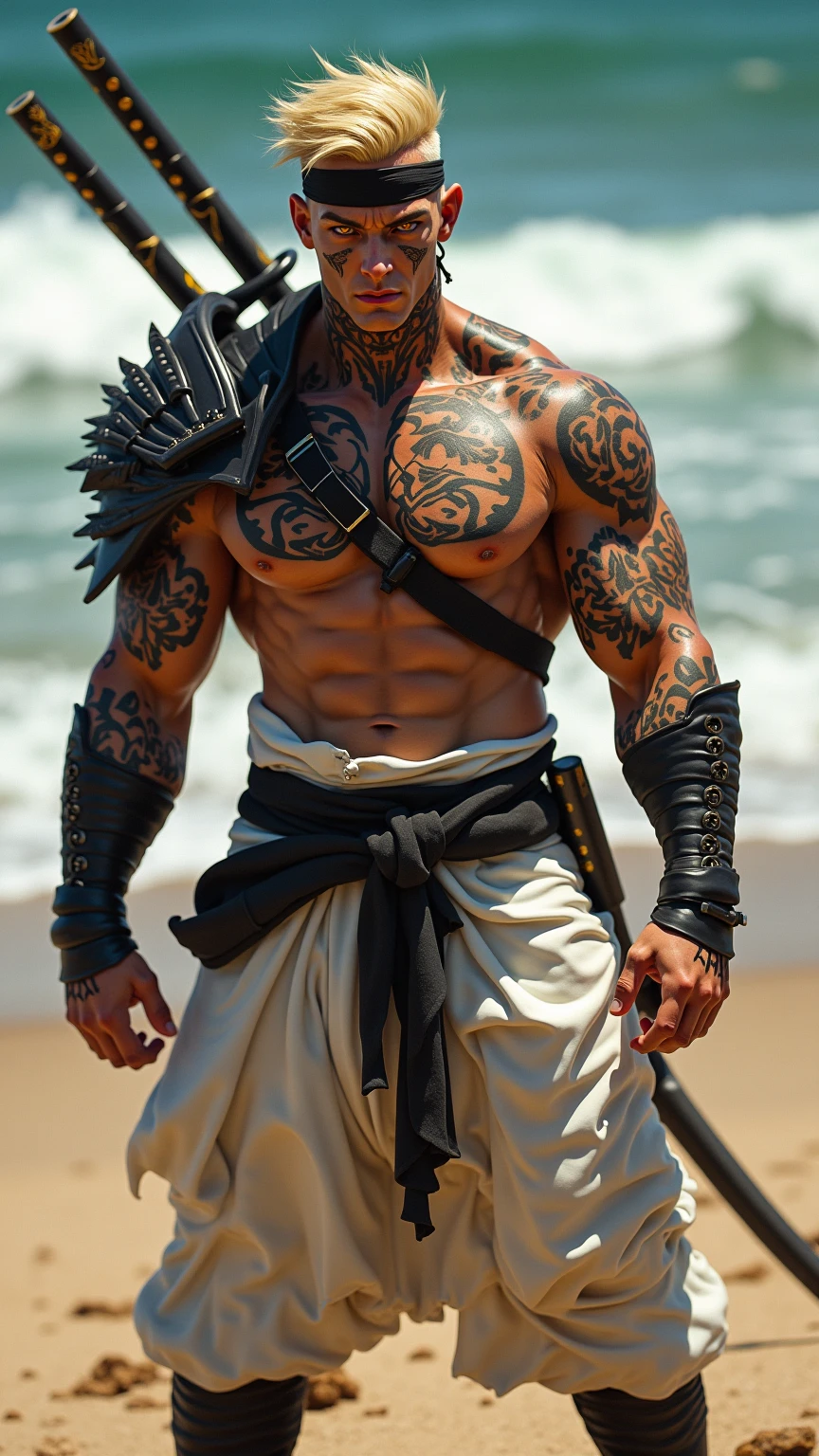 full-body shot,Sexy, handsome and strong male half-naked warrior, Nice face, Delicious Company, Charming figure, Wearing a sexy open kimono with armor. the artwork is created in a medium reminiscent of japanese ink painting....., 具有大胆的笔触和Monochromatic color palette. The artist's masterful technique reveals the intensity and power and presence of the image,with the highest quality, Perfectly capture every detail with ultra-high resolution. Textures and intricate patterns on armor and kimonos are rendered with extreme precision. Lighting is carefully designed,Enhance the drama, Features deep shadows and subtle highlights. General, Artwork exudes elegance and power, Combining Japanese traditional aesthetics with modernity. Monochromatic color palette, Combine details, Create captivating and immersive experiences for your audience.
