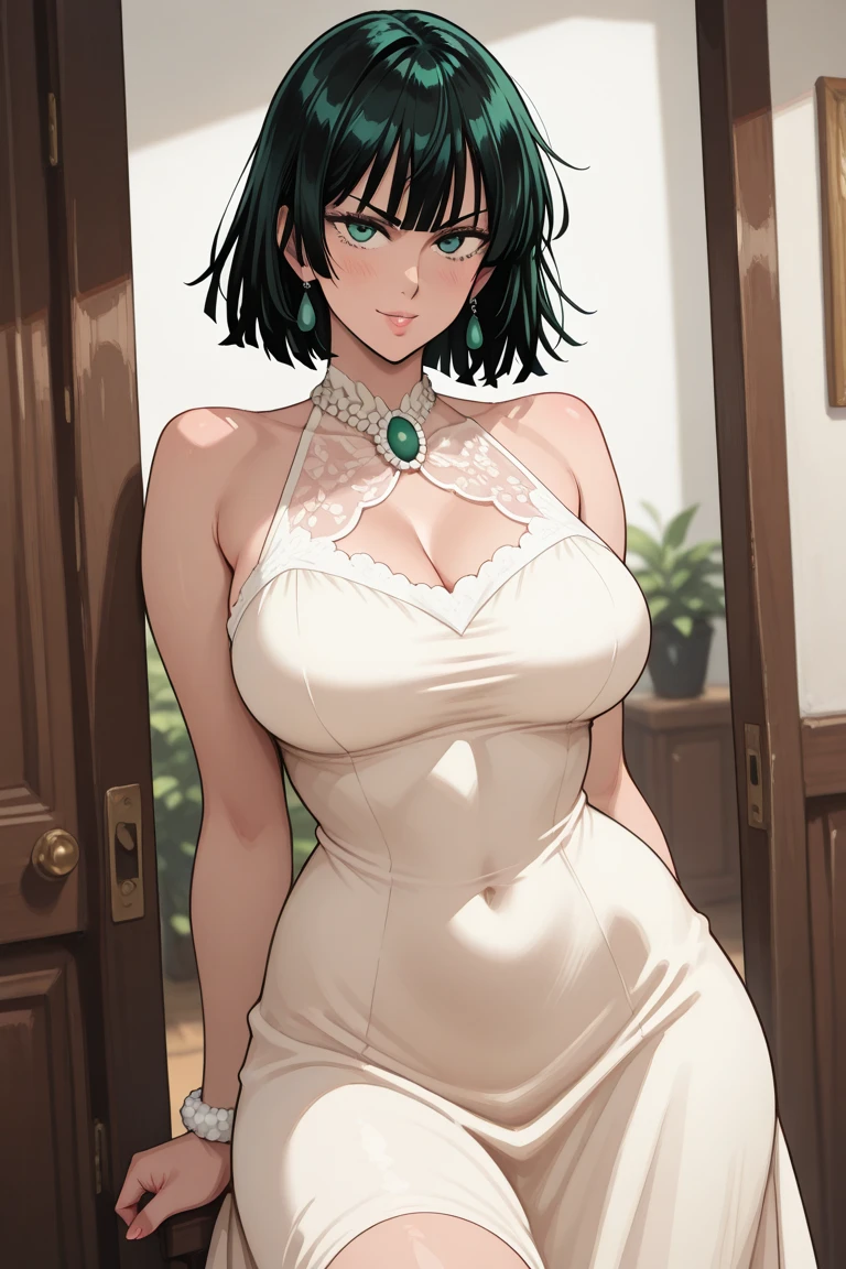 full body, extreme curls hair, short hair, lustful eyes, open mouth smile, aroused 25 years old, playfully aroused, dripping with desire, busty cleavage, slim waist, posing by the sofa, coy smile with open parted lips, (blushing:1.3), looking lovingly at the viewer, seductive eyes, facing the viewer, livingroom background, arms out (pov), glowing eyes, necklace, earrings, nsfw,