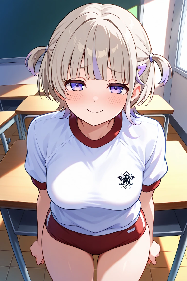 masterpiece,best quality,{{detailed beautiful face and eyes}}, very detailed background,
Todoroki Hajime,short hair,multicolored hair,grey hair,blunt bangs,two side up,hairclip,light purple eyes,medium breasts,
gym uniform,red buruma, white shirt, short sleeves, thighs,
solo,1girl,(is smug,blush,closed mouth:1.0),
((standing,cowboy shot,looking at viewer:1.2)),
(classroom:1.0),clothed