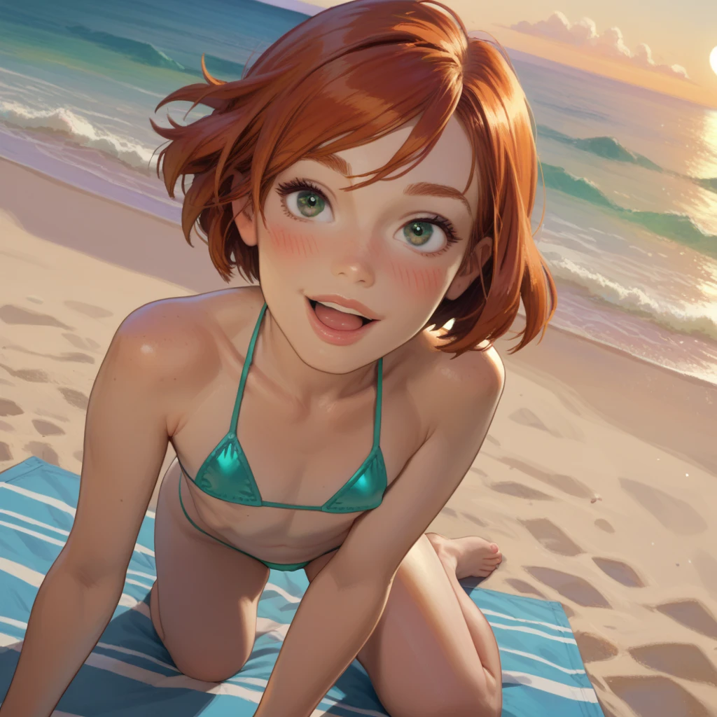 Nami, Close up portrait of Nami from One Piece, Beautiful girl in her 20s, short hair, Orange hair, expressive face, ocean in the background, detailed facial features, high quality render