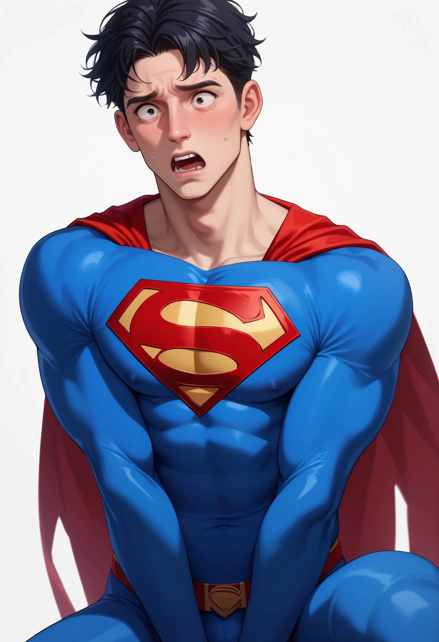 ((White background )) , rathing_questionable  , solo MAN  (1man) ,  40 years old  , black short hair ,  black EYES  , ((Superman costume:1.1)) ,((very skinny:0.9)) Very shocked (((very thin:1.4))) Very shocked, Kneel on the floor ,((Very weak)) , very gaunt (emaciated) thin (no mucsle)