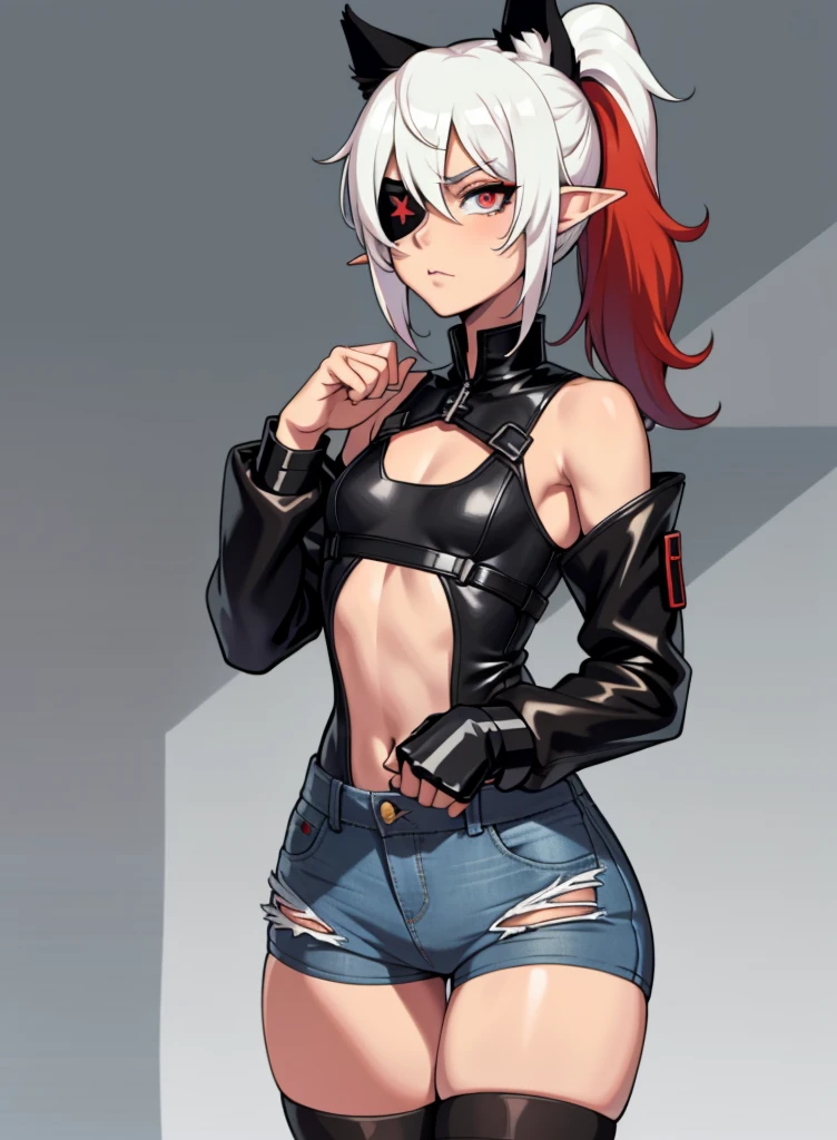 (((Annie Lennox))), (((colorful suit))), (scars), (((bandaged arms))), (((colorful clothes))) (( hood)), (((best qualityer: 1.4))), (Unbeatable masterpiece), (hiper HD),(CG 8k hyper-realistic), brave face, (((breasts big))), (((hyper feminine))), sexly girl, black tattoo,(ultra short red hair with white highlights)), ((( sculptural body ))), (((1 Kizi))), Kizi tatuada de 25 anos com perfectbody,,Beautiful and well-groomed face,muscular body:1.2,solid color detailed jacket, (Head to thigh photos), Complex equipment, copper,Tight clothes,With white stars and off-white stripes,,,,,Armor Metal Electronic Parts, Poison tattoos ) INFO, Kizi, (((standing alone))), pirralha violent, 24歳, sexy, pose de atitude, work of art, post-apocalypse, (((manga style))), bounty hunter, the way you want, perfect body, roupa moderna, advanced technology, Pleated mini skirt with checkered pattern in red and black, fur collar jacket, sleeves with vertical striped pattern, neutral background, (( cowboy shot )). intricate visual, narrow waist, (((wide hips))), wide hips, fit thighs, (thigh gap), background shows a futuristic airplane