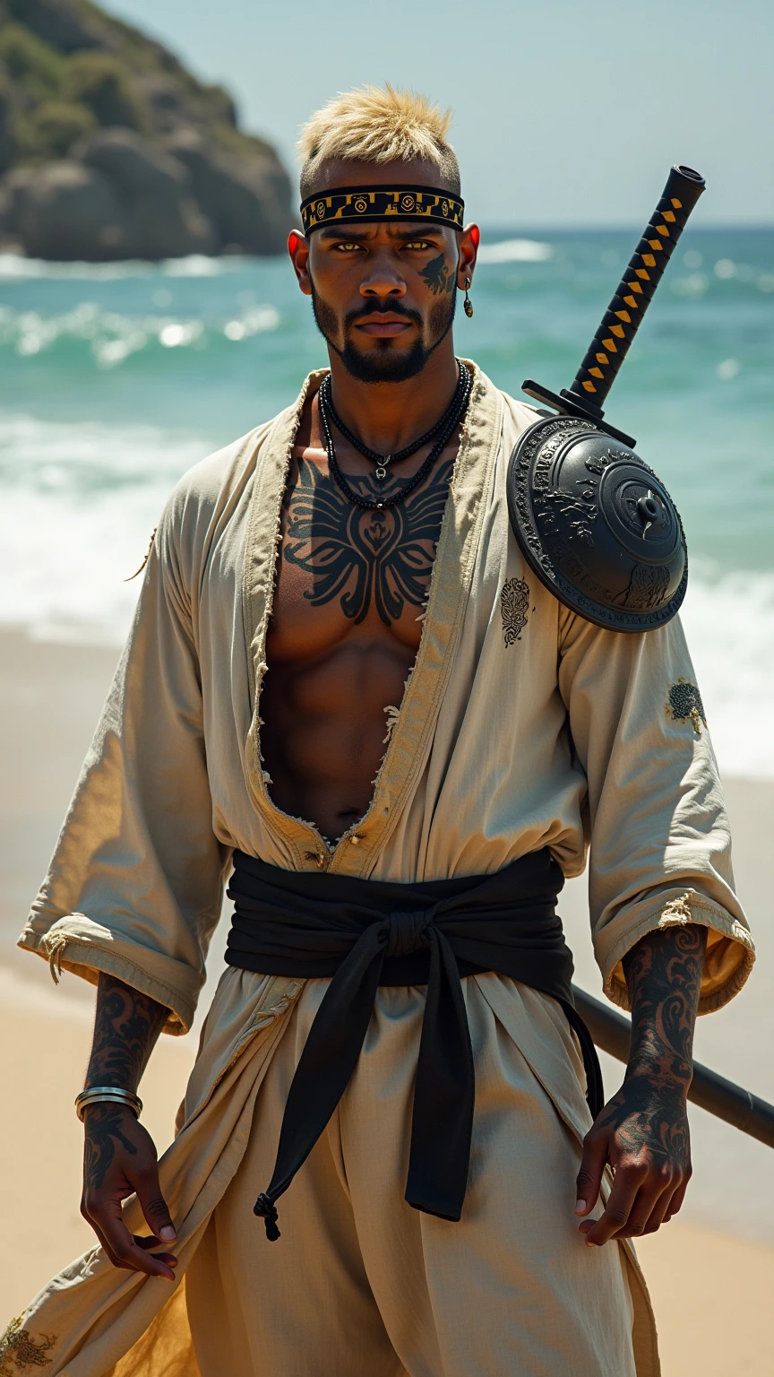 Free fire version a man in a beach hat, black mask, tattooed on the chest with light