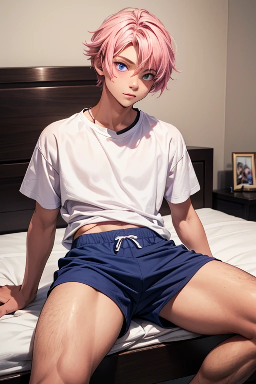 3D, 1boy, kawaii、Teen、blue eyess, Light pink hair、8K, The best defenição, (((I don't wear any clothes)))、(((Briefs)))、Don't wear a jacket、Staring at me、sedentary eyes、(((Bedrooms)))
