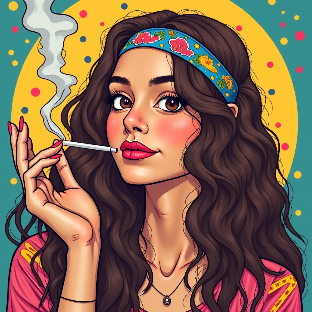 Conceptual Art T-shirt logo design of a lewd woman with long messy hair, wearing a bandana like a gypsy, smoking marijuana, wearing glasses and a tight skirt with pantyhose, red nose, half closed eyes, open mouth, front view, solo, colorful, art SFW concept