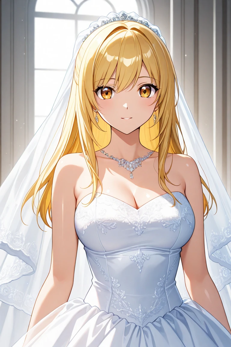 alice zuberg, bangs, blue eyes, blonde hair, hair between eyes, very long hair, braid, hairband, white hairband,
BREAK gloves, dress, cleavage, bare shoulders, collarbone, elbow gloves, white gloves, white dress, strapless, tiara, veil, strapless dress, wedding dress, bridal veil,
BREAK indoors, church,
BREAK looking at viewer, BREAK (masterpiece:1.2), best quality, high resolution, unity 8k wallpaper, (illustration:0.8), (beautiful detailed eyes:1.6), extremely detailed face, perfect lighting, extremely detailed CG, (perfect hands, perfect anatomy),