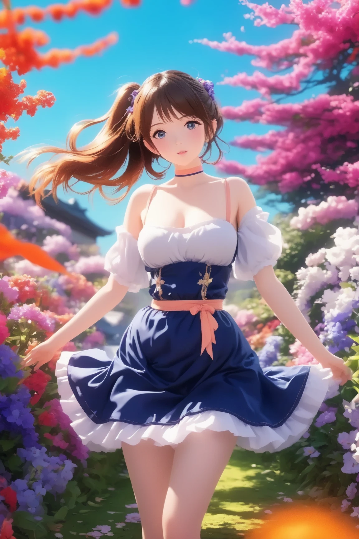 Delicate Composition, hyper detailed, best quality, blurry foreground, dynamic view, 1 girl, (seductive smile:0.6), solo, large breasts, hair in takes, from above, beautiful detailed garden, fluttered detailed petal, grow, bunny ears, detached collar, strapless leotard, wrist cuffs, fishnet tights, kinomoto sakura, standing